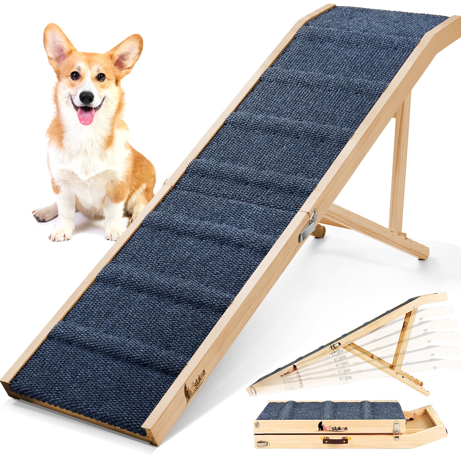 Dog Ramp for Bed, 64" Long Foldable Pet Ramp for Small Large Dogs, Dog Ramps for High Beds Car, High Traction with Platform 6 Adjustable Heights 24" to 30" Up to 220LBS, Wood