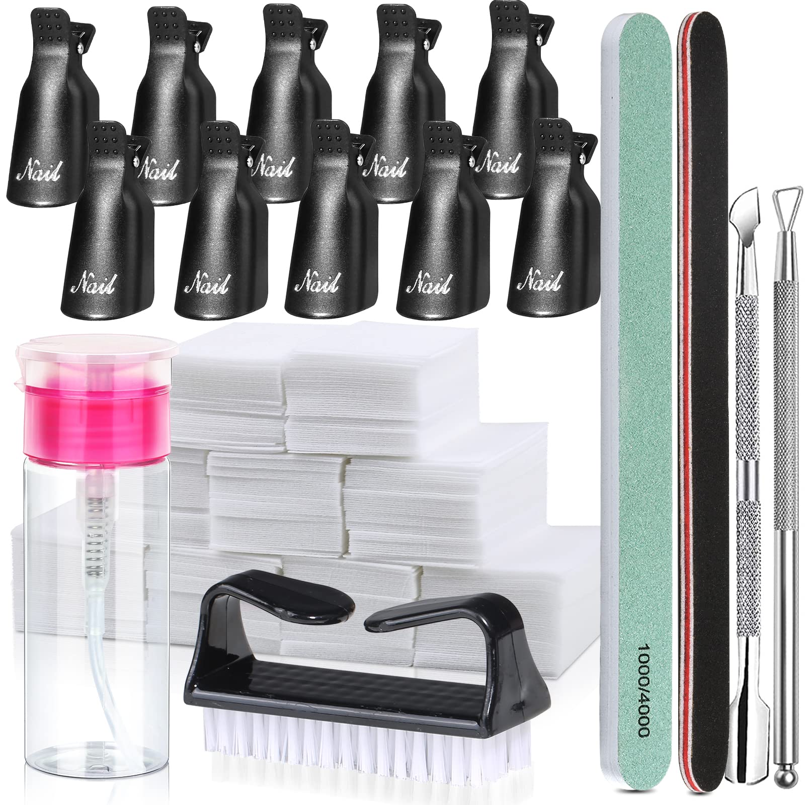 FANDAME Gel Nail Polish Remover Tools Kit, 10 PCS Nail Polish Remover Clips Black, 100ml Nail Polish Remover Bottle, 500PCS Cotton Pad, Nail Brush, Cuticle Pusher, Nail File, Buffer Block Tools kit