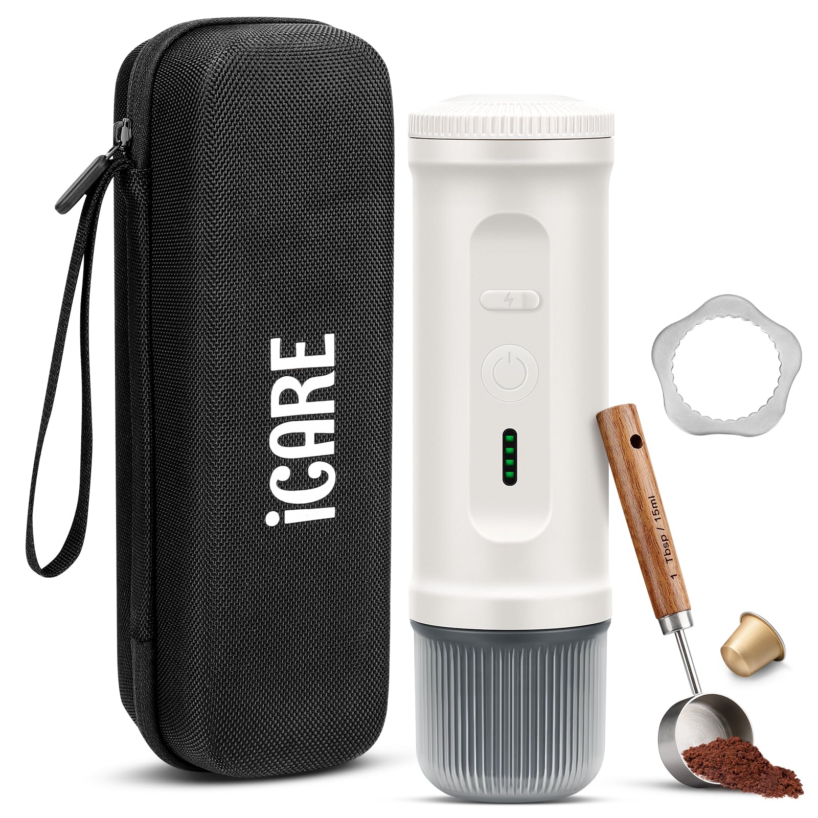 ICARE Tragbare Kaffeemaschine mit Akku, 2-in-1 für NS-Kapseln und Gemahlenen Kaffee, Selbstheizend, USB-C-Schnellladung, Batterieanzeige, Ideal für Camping, Wandern, Reisen und Unterwegs (Weiß)