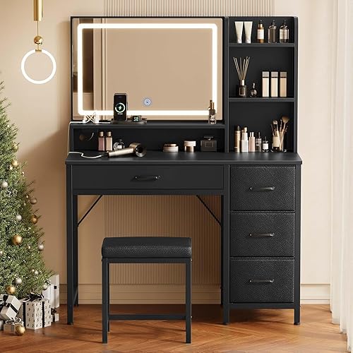 Rolanstar Vanity Desk with Mirror and Lights, Makeup Vanity with Upholstered Vanity Stool, 4 Drawers, Power Outlets, Vanity Set with 4 Compartments for Bedroom Black