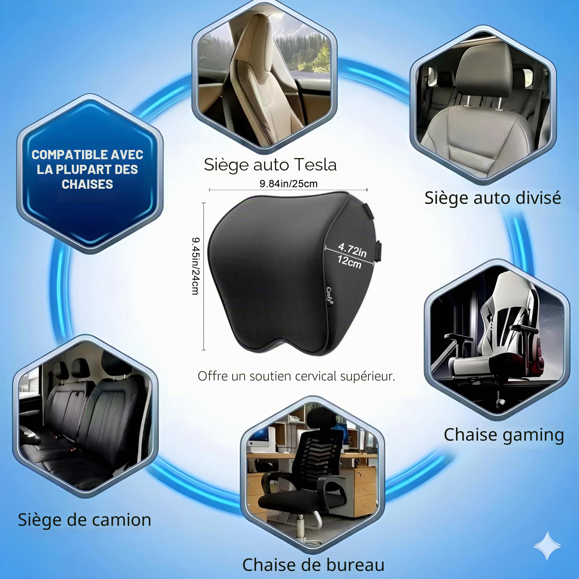 Crofy Lot de 2 Oreillers de Cou pour Voiture, Appuie-tête Doux pour la Conduite avec Sangle Réglable, 100% Mousse à Mémoire de Forme et Housse Respirante Amovible, Design Ergonomique Confortable, Noir