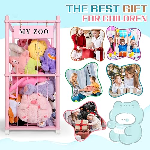 Miniatura 6 de Zoo de almacenamiento de animales de peluche con ruedas, organizador de animales de peluche de madera con cordones elásticos, soporte de