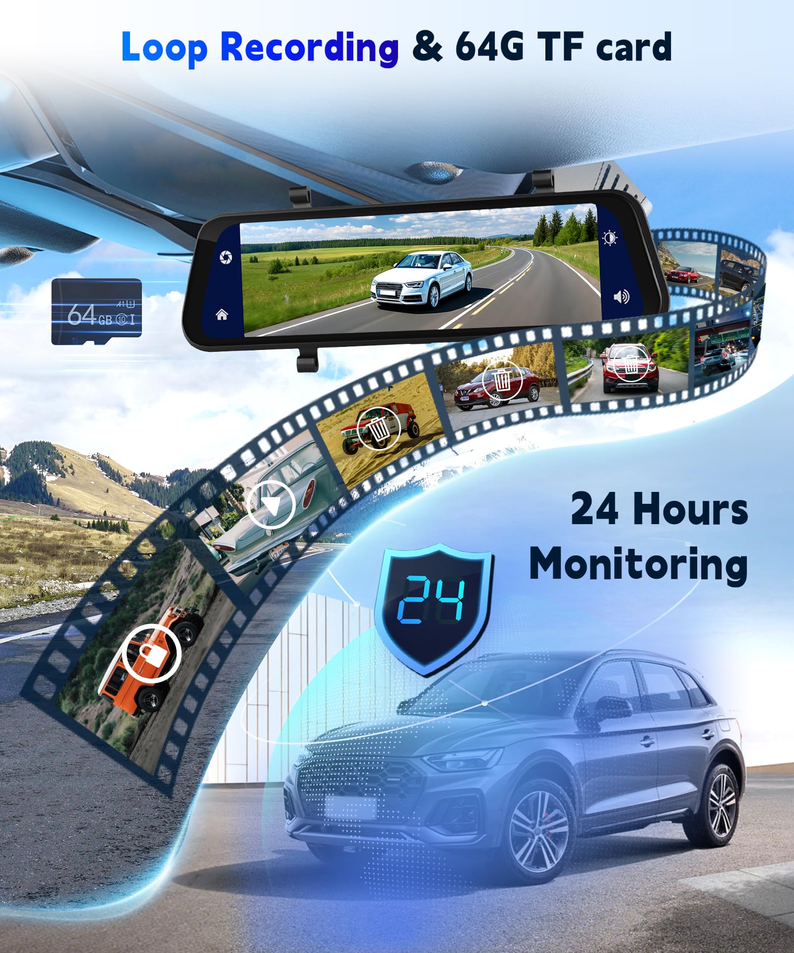 9.66‘’ 1080P Dashcam Rétroviseur avec Carplay & Android Auto, Caméra Embarquée 1080p, Carte TF 64 Go, Enregistrement 24h/24, WDR, Vision Nocturne, Commande Vocale