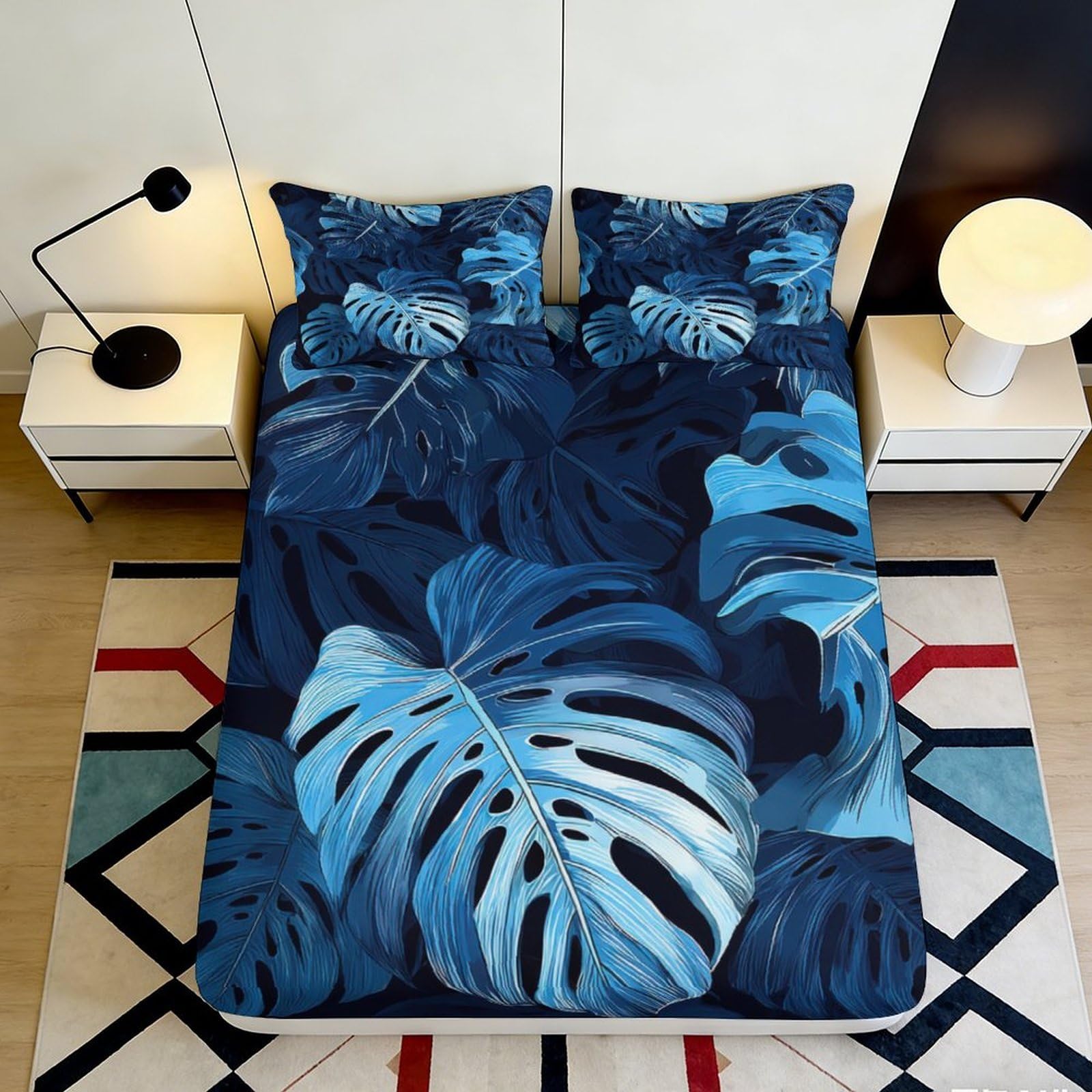 Modern blue leaf design 3D Printed Fitted Sheet, Microfiber soft touch, apartment bedding, wrinkle resistant, stylish decor, bedroom, easy care, anti-dust 90x200x25cm