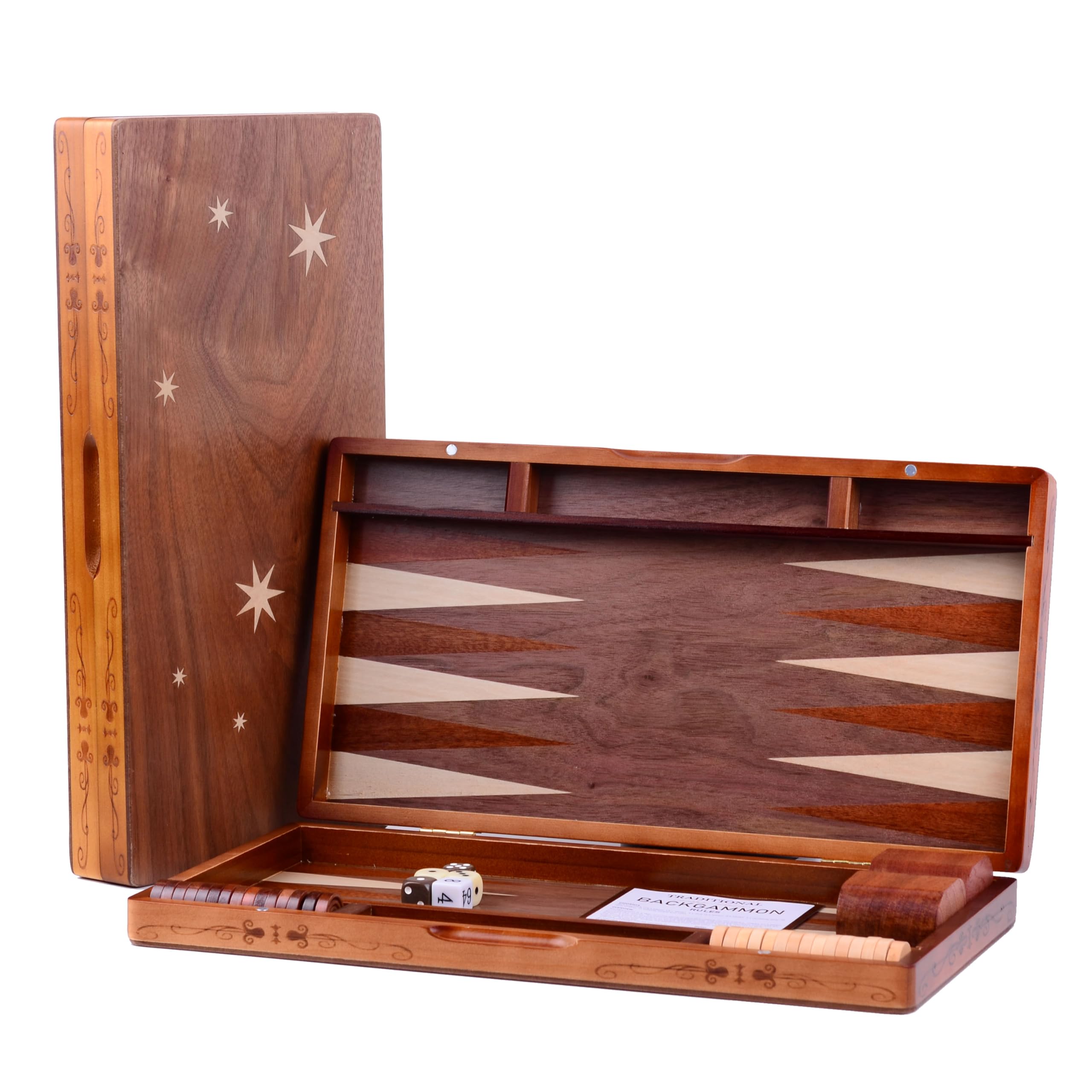 Wooden Inlaid Backgammon Set, Classic Strategy Board Game Case 15.7" Large Size, Backgammon with Checkers Pieces for Adults and for Children