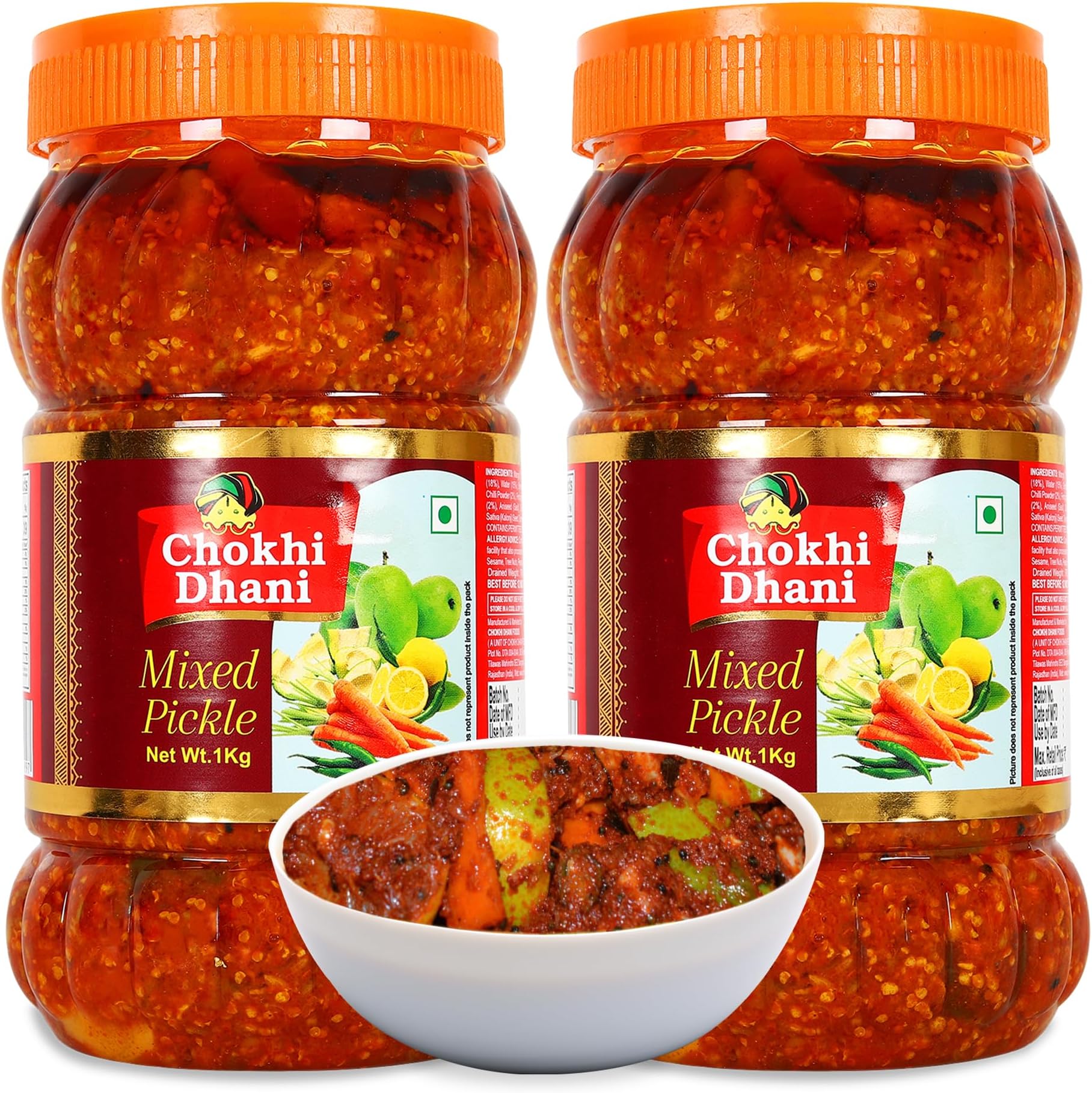 Chokhi Dhani Mixed Pickle, Authentic Indian Style Tangy and Spicy Versatile Mix Achar with Preserved Aromatic Spices and Traditional Taste (Pack of 2, 1kg Each)