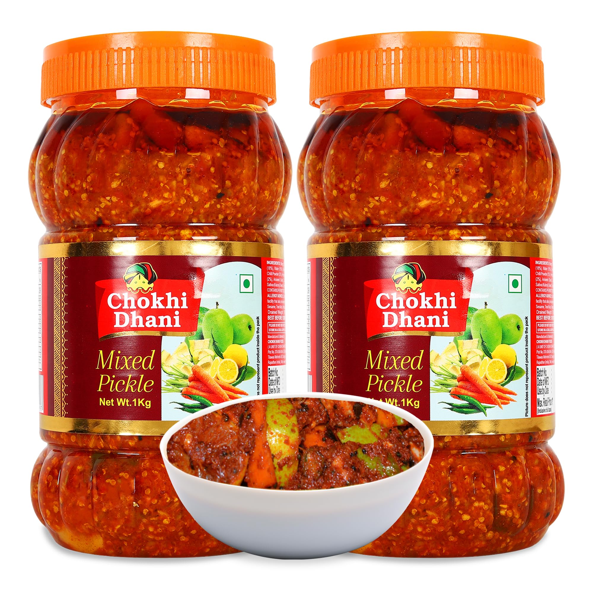 Chokhi Dhani Mixed Pickle, Authentic Indian Style Tangy and Spicy Versatile Mix Achar with Preserved Aromatic Spices and Traditional Taste (Pack of 2, 1kg Each)