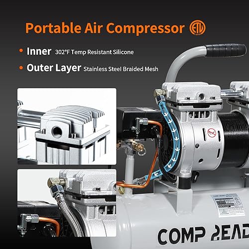Miniatura 9 de Compresor de aire portátil de 2 galones 0.75HP 1.7 CFM90PSI 60dB Compresor de aire libre de aceite ultra silencioso ideal para inflado de