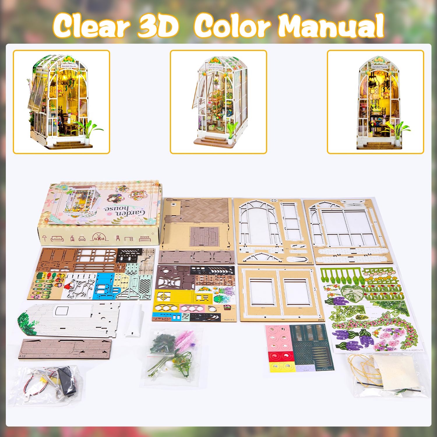 DIY Book Nook Kit Gartenhaus mit Möbeln und LED Lampe,Miniatur Haus,3D Puzzle Booknook Modellbausatz,Diorama Modelbau für Erwachsene,Bücherregal für Deko, für Geburtstag