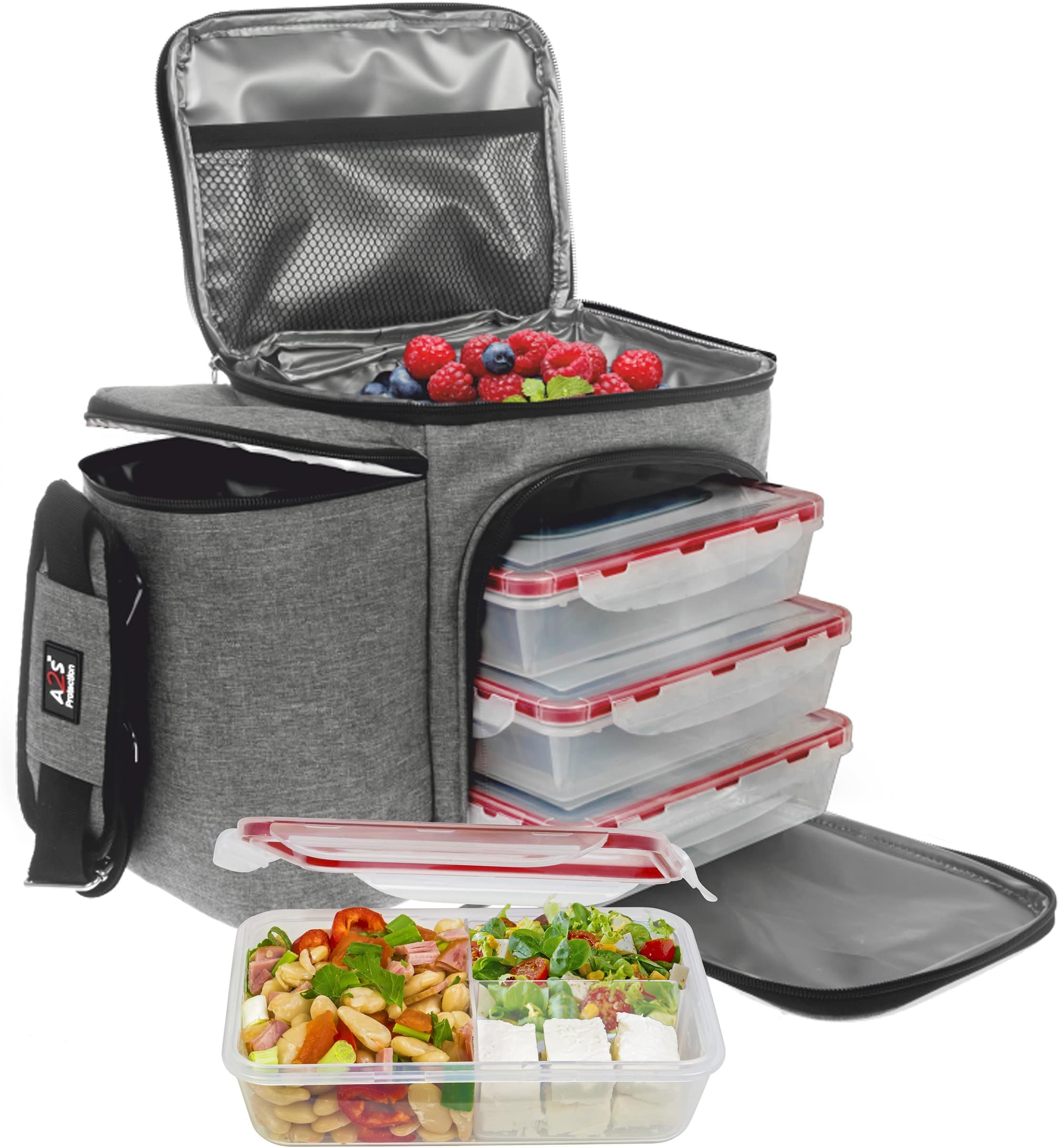 A2S Protection Meal Prep Lunch Box - 3 Piece Set - Insulated Lunch Box For Women or Men - 3 Bento Style Containers Inside Large Lunch Bag- BPA Free - Microwave/Dishwasher Safe - Gray/Black
