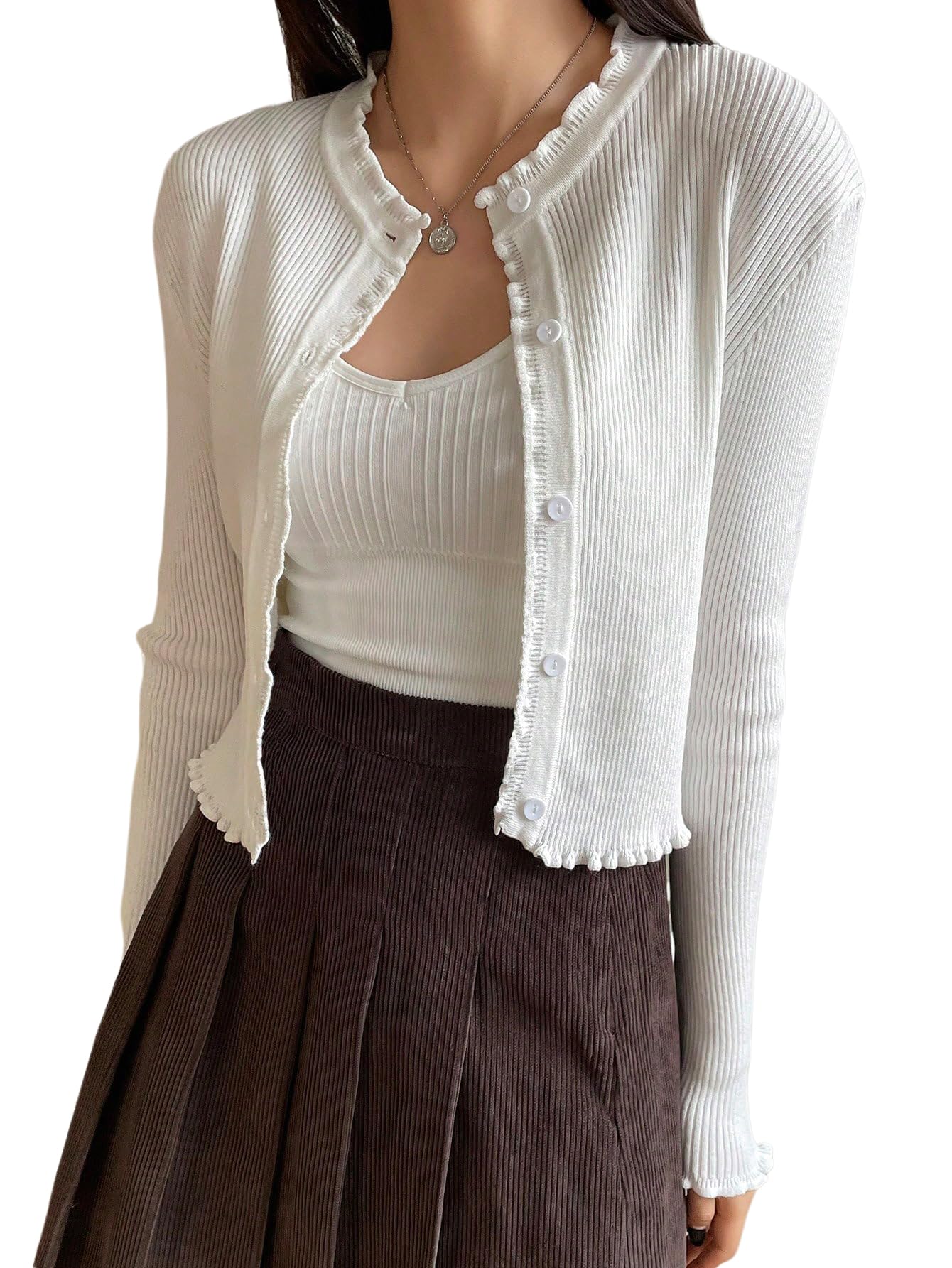 gorglitter Women's Lightweight White Cropped Cardigan Trendy Long Sleeve Open Front Button Up Crop Cardigan Sweater 2026-picture-30