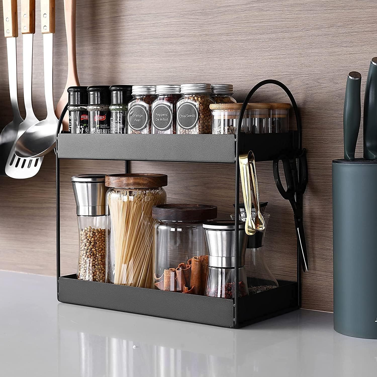 Go Hooked 2-Tier Standing Rack | Bathroom Countertop Organizer | Vanity Tray | Cosmetic- Makeup Storage | Kitchen Spice Rack | Corner Shelf (Black, Metal, Pack of 1)-image-35