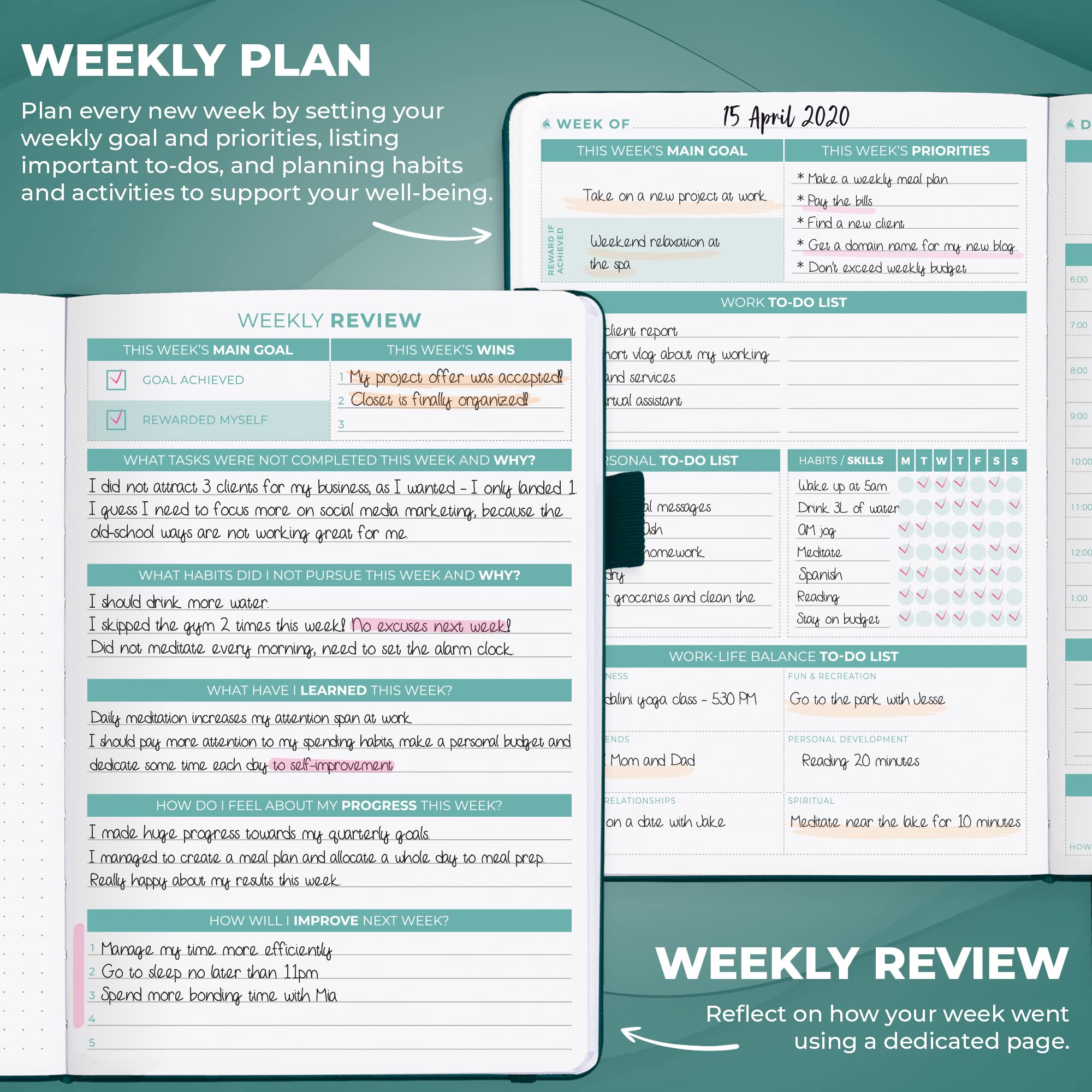Clever Fox Daily Planner 2nd Edition - Undated Time Block Task Organizer with Hourly Schedule & To-do list - A5, 6 Months (Dark Teal) - Image 4