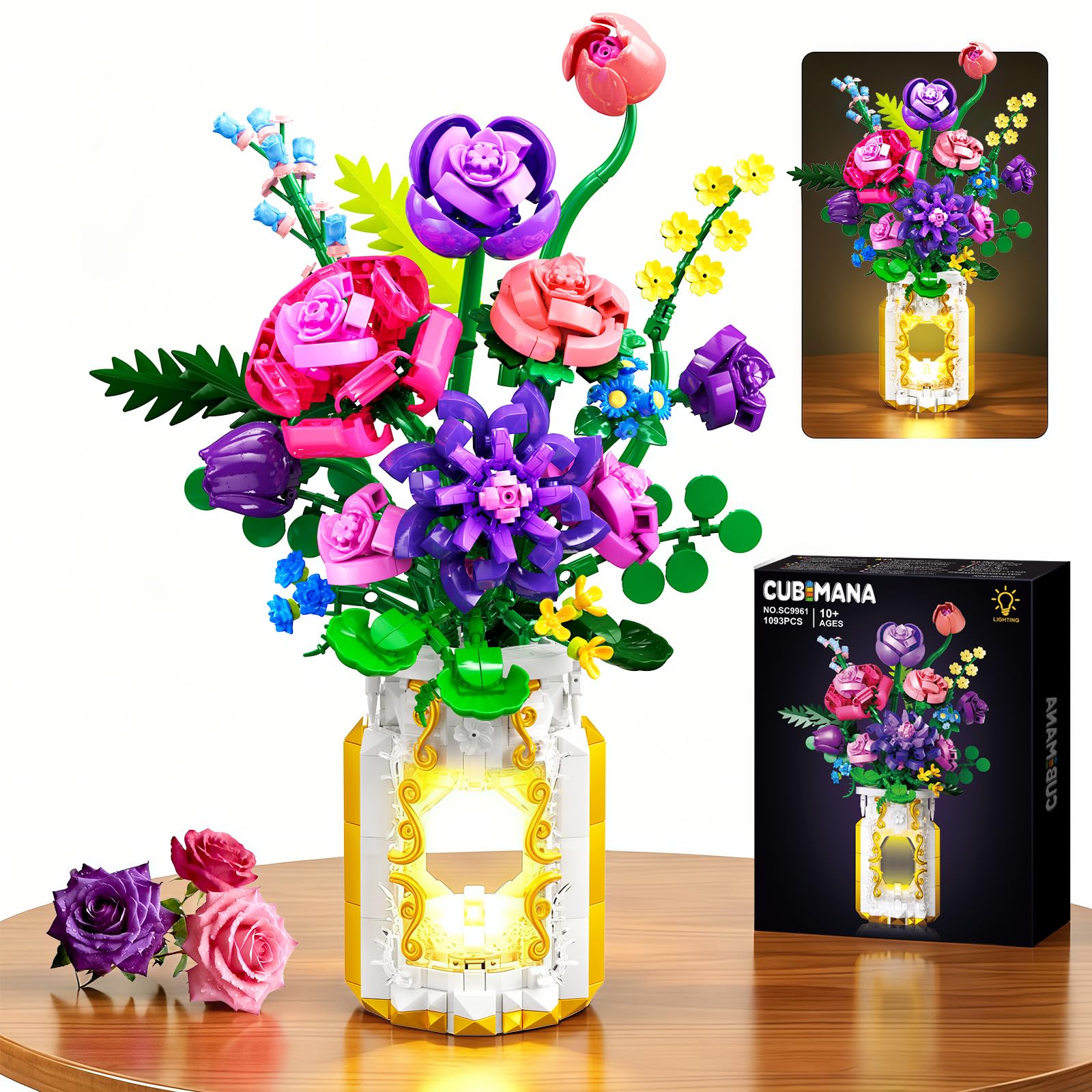 CUBIMANA Ensemble De Construction De Bouquet De Fleurs avec Vase Et Éclairage LED - Cadeaux pour Femmes - Set Botanique De 1093 Pièces, Décoration De Fleurs Artificielles pour Maison Et Bureau