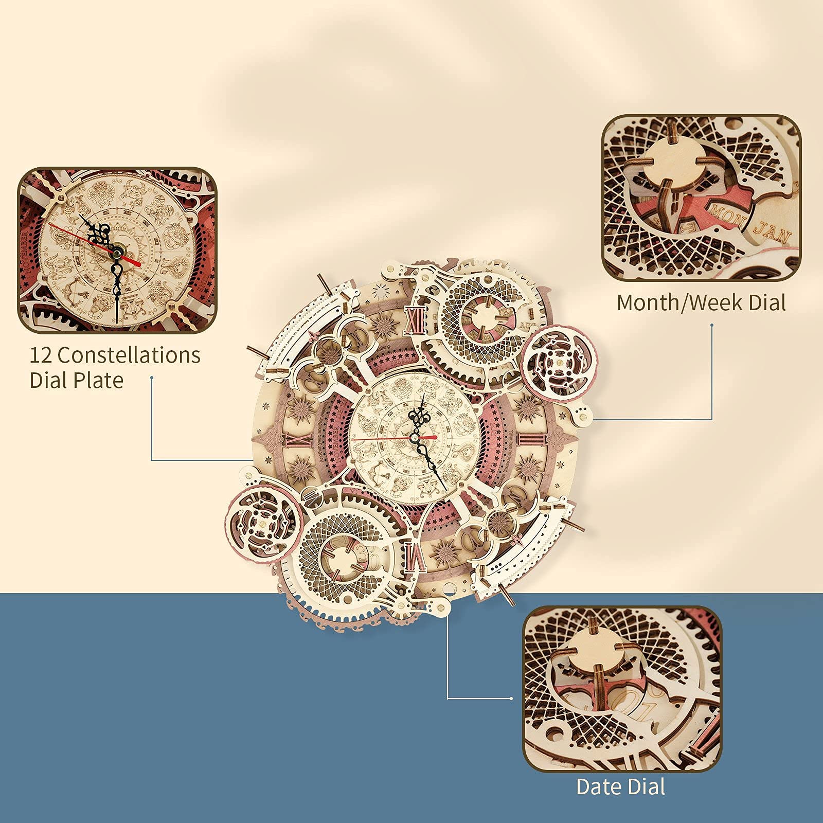 ROKR Horloge Puzzle 3D en Bois Horloge Murale Zodiaque,Maquettes et Modélisme Adulte,Décoration de la Maison Cadeau Homme Femmes(LC601)