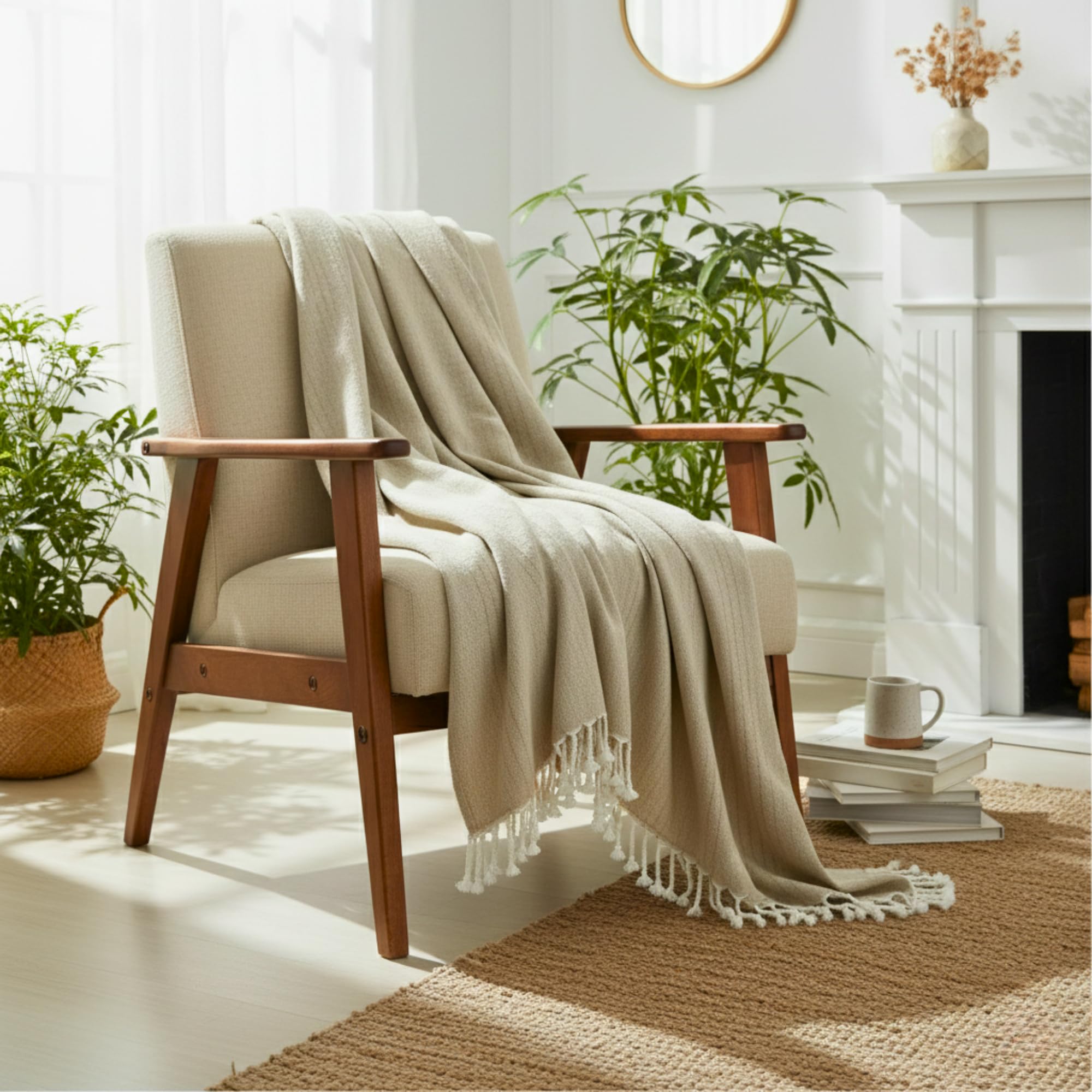 Jeté de lit beige en coton recyclé haut de gamme tissé main 200x300
