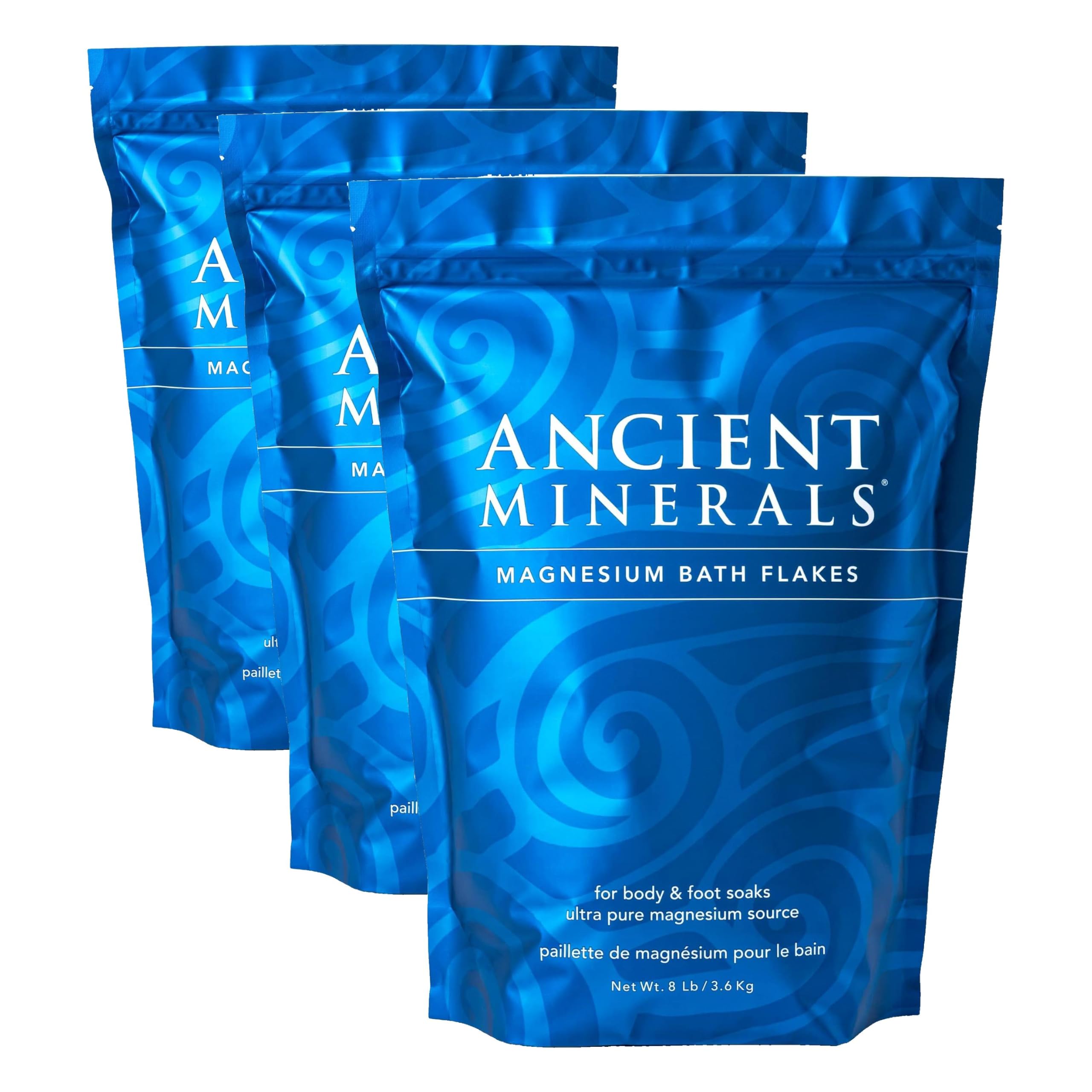 Ancient Minerals Magnesium Bath Flakes – Pure Zechstein Magnesium Chloride for Soaking and Whole-Body Replenishment, 8 lb Bag (Pack of 3)
