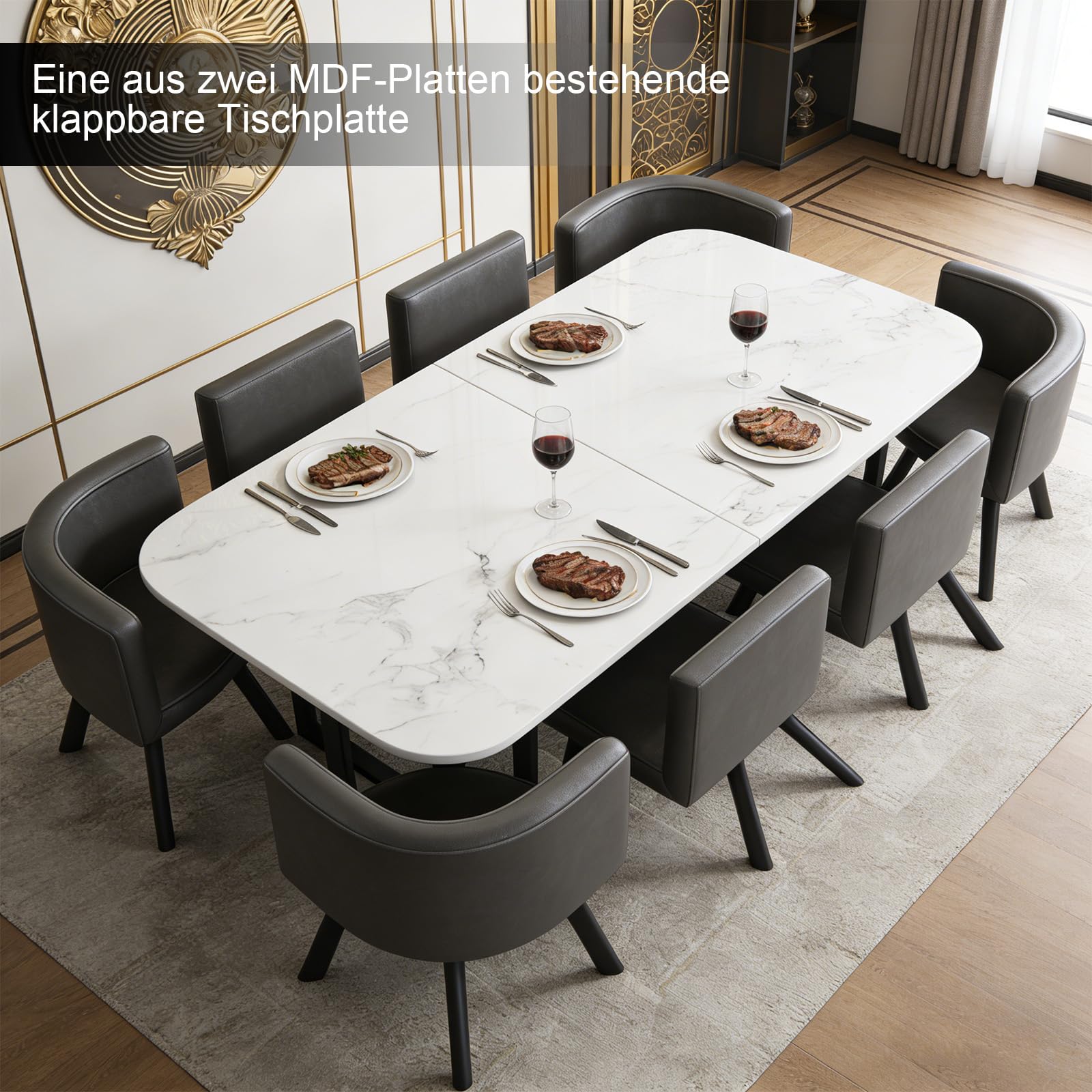 Großer Konferenztisch Inklusive 8 Stühle Moderner Besprechungstisch Metallrahmen für 8–12 Personen, industrieller Seminartisch für Büro, Esszimmer, 180x90cm (L x B),Weiß