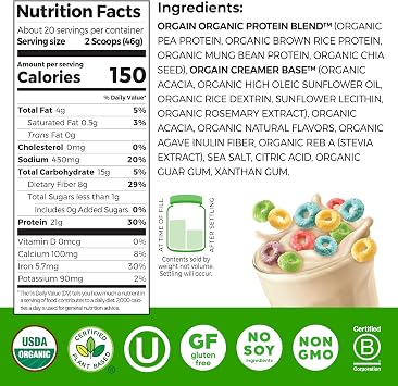 Orgain Organic Vegan 21g Protein Powder, Fruity Cereal, 2.03 lb | Plant based protein, 8g prebiotic fiber, low net carb, no added sugar or lactose ingredients, non-GMO, for shakes & smoothies