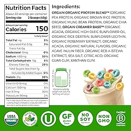 Orgain Organic Vegan Protein Powder, Fruity Cereal - 21g Plant Based Protein, 8g Prebiotic Fiber, Low Net Carb, No Lactose Ingredients, No Added Sugar, Non-GMO, For Shakes & Smoothies, 2.03 lb