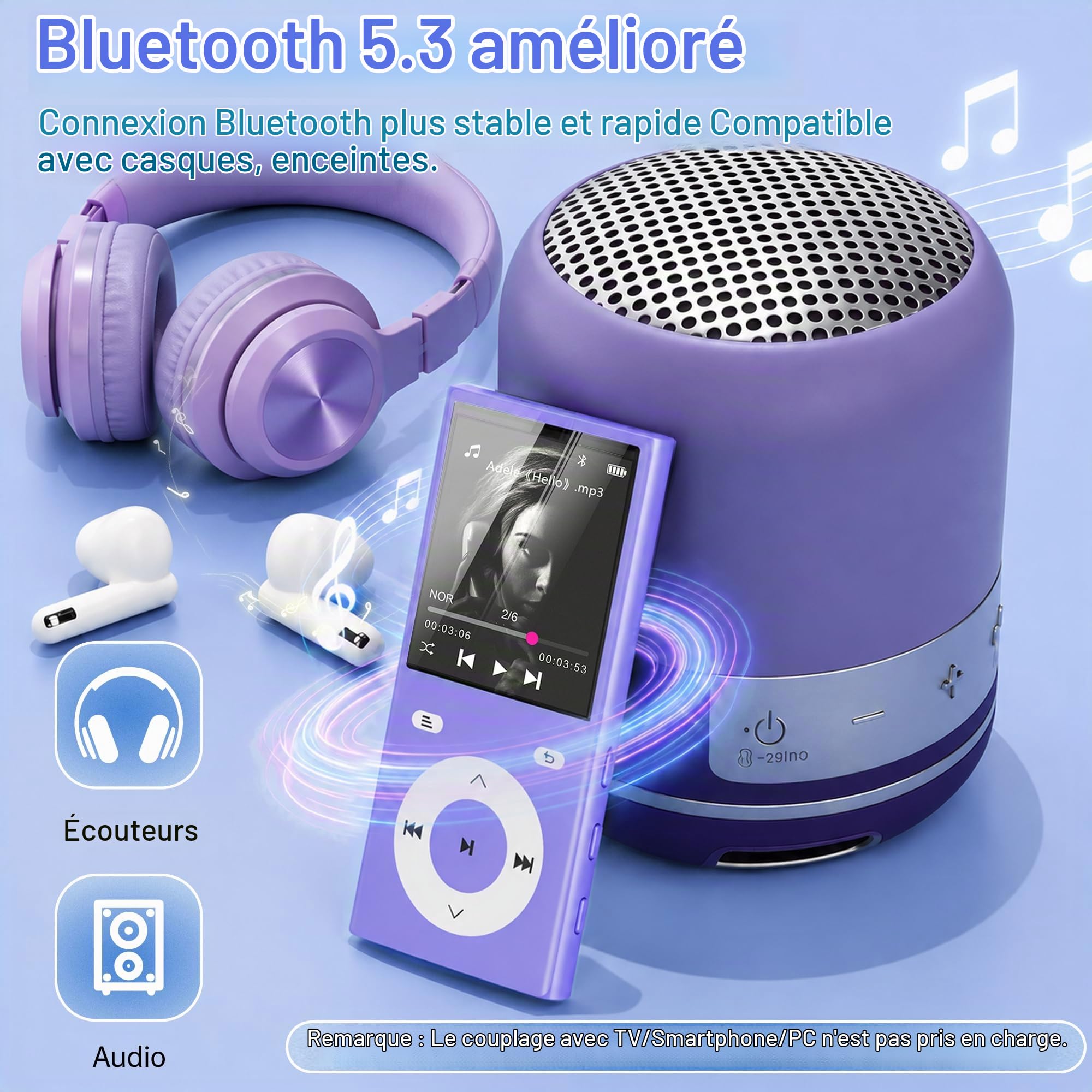 90Go Lecteur MP3 Bluetooth 5.3, MP3 Player avec 2 Emplacements Cartes TF