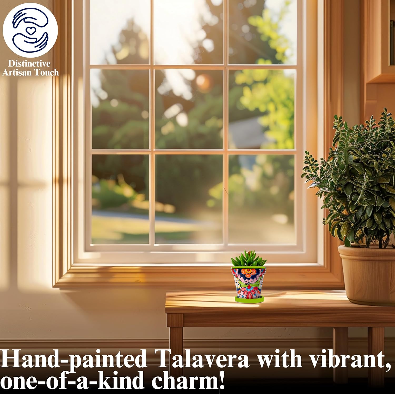 Mexican Pottery Planters - Talavera Planter - Succulent Pots - Ceramic Pots for Plants Indoor & Outdoor with Drainage Hole and Saucer - 4'' W x 4" H (Green-Small)