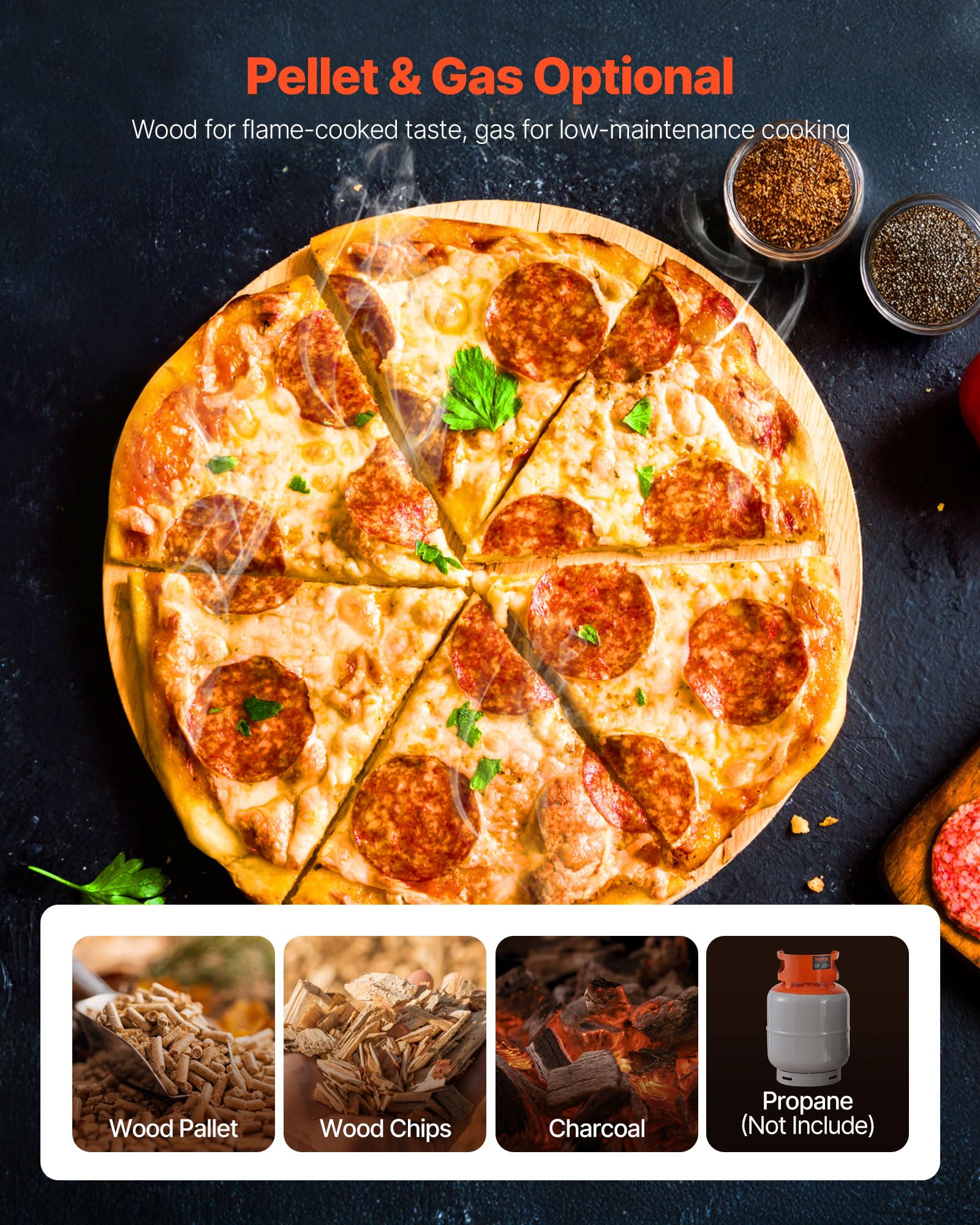 VEVOR Forno per Pizza a Doppio Combustibile da Esterno, a Legna e a Gas Propano da ca. 406 mm, Macchina per Pizza, con Termometro, Dpray di Ferro Portatile, per Campeggio all'Aperto e Cortile