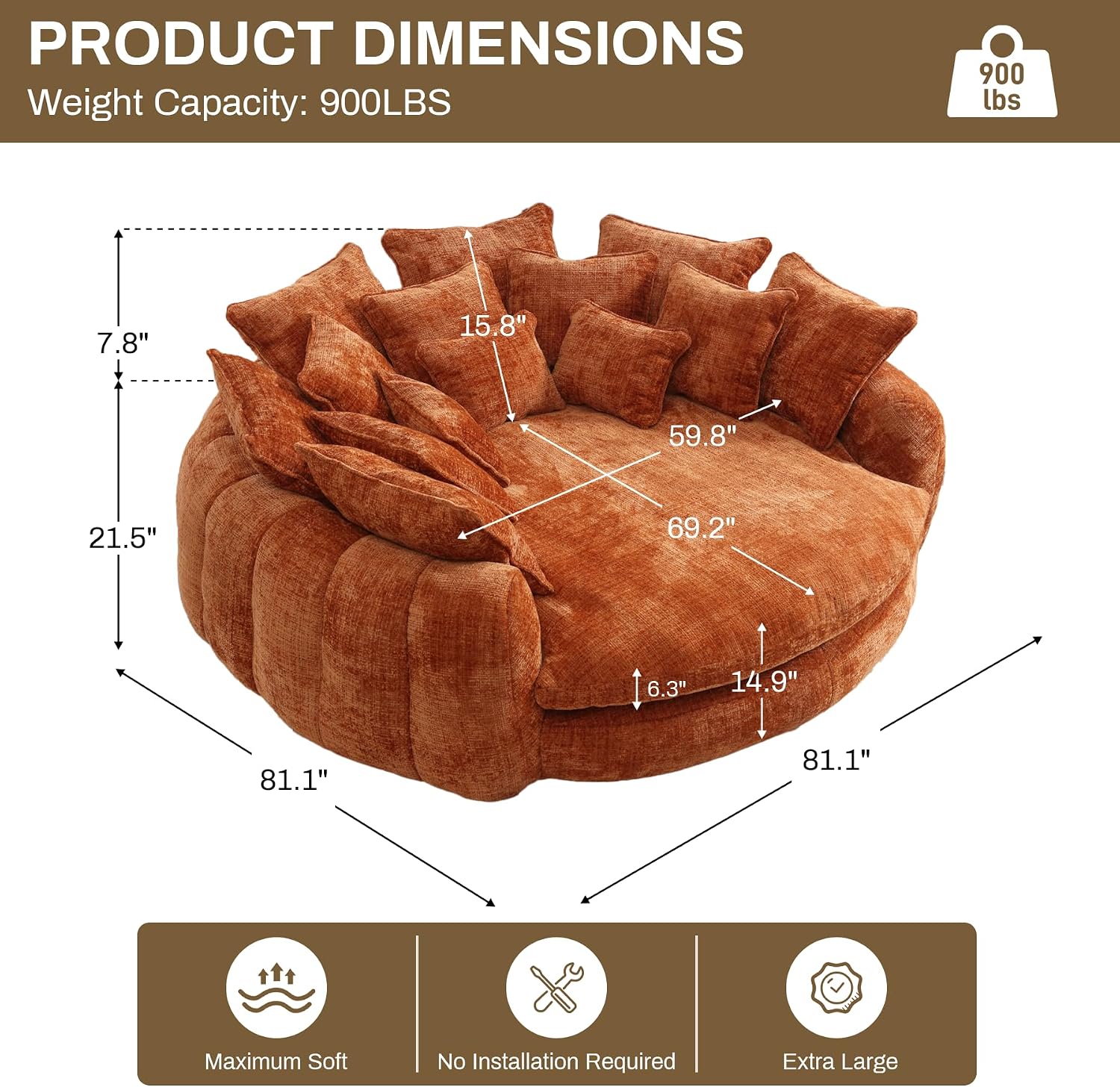81.1" W Oversized Round Chaise Lounge, Fluffy Lazy Bean Bag Sofa with 14 Pillows, Comfy Chenille Upholstered Barrel Sleeper Bed, Modern Deep Seat Cloud Couch for Living Room, Orange
