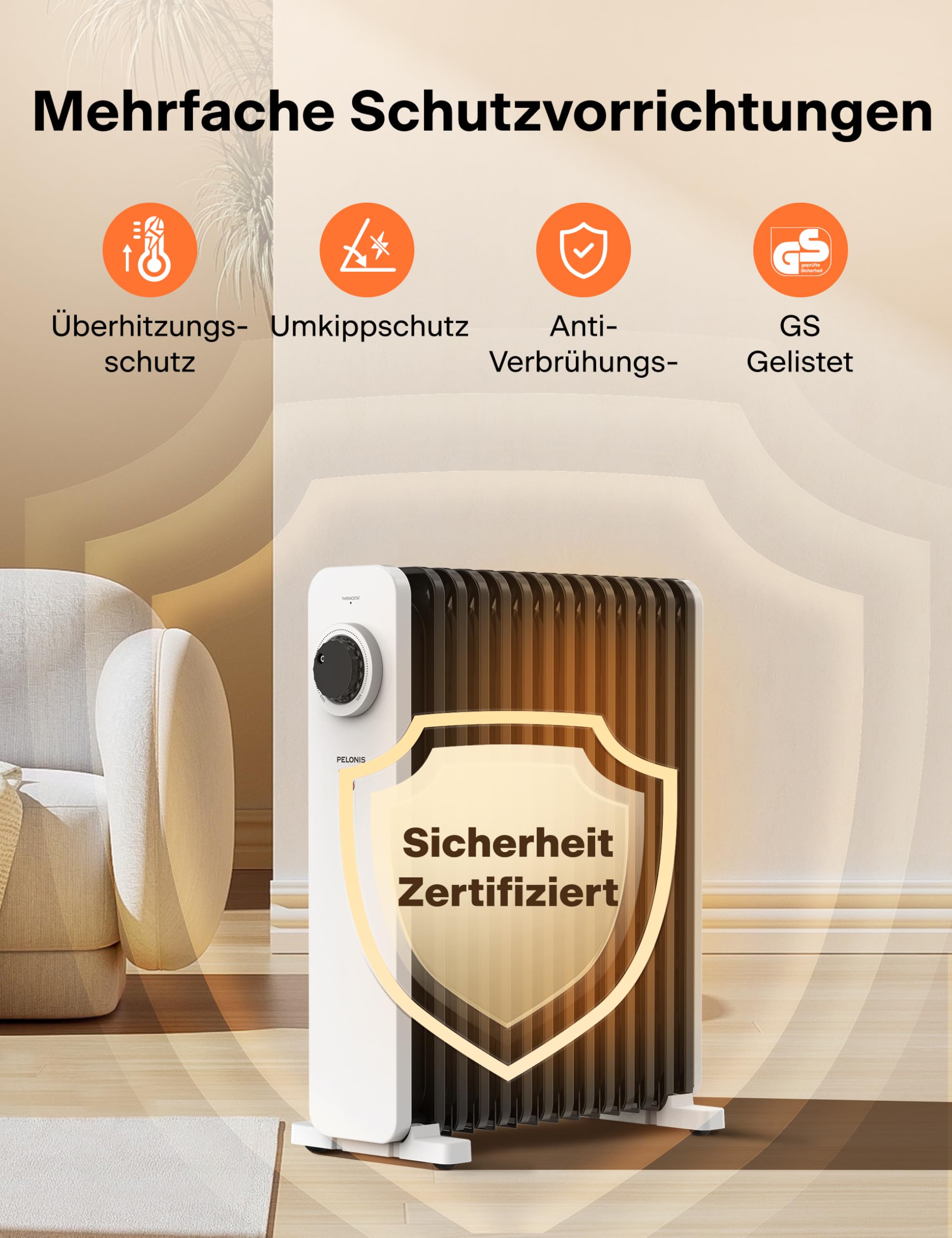 PELONIS Ölradiator 2500W Weiß mit 3D Konvektion & VOLCANO Technik, 13 Rippen Elektroheizung mit 3 Heizstufen, Thermostat und Sicherheitsschutz, Radiator Heizung Elektrisch für Wohnzimmer, Schlafzimmer