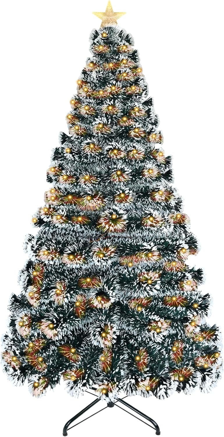 6ft Prelit Artificial Christmas Tree - Pre-Lit Christmas Trees with 200 Branch Tips & 200 Warm White Lights, Prelighted Xmas Tree with Foldable Base for Home, Office, Party, Christmas Snowflake, Green