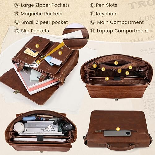 Miniatura 3 de RAINSMORE Bolsa de mensajero para hombre de 15.6 pulgadas de cuero vintage para laptop, impermeable, bolsa de cuero para laptop, bolsa de hombro