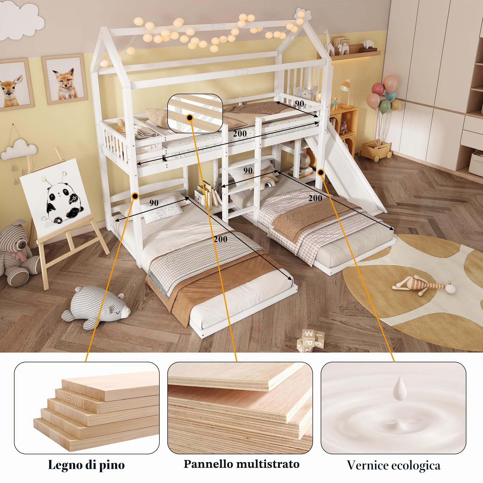 Letto a Castello 90 x 200 cm, Letto a Castello con Scivolo e 3 Posti Letto, per Ragazzi e Bambini (senza Materasso)