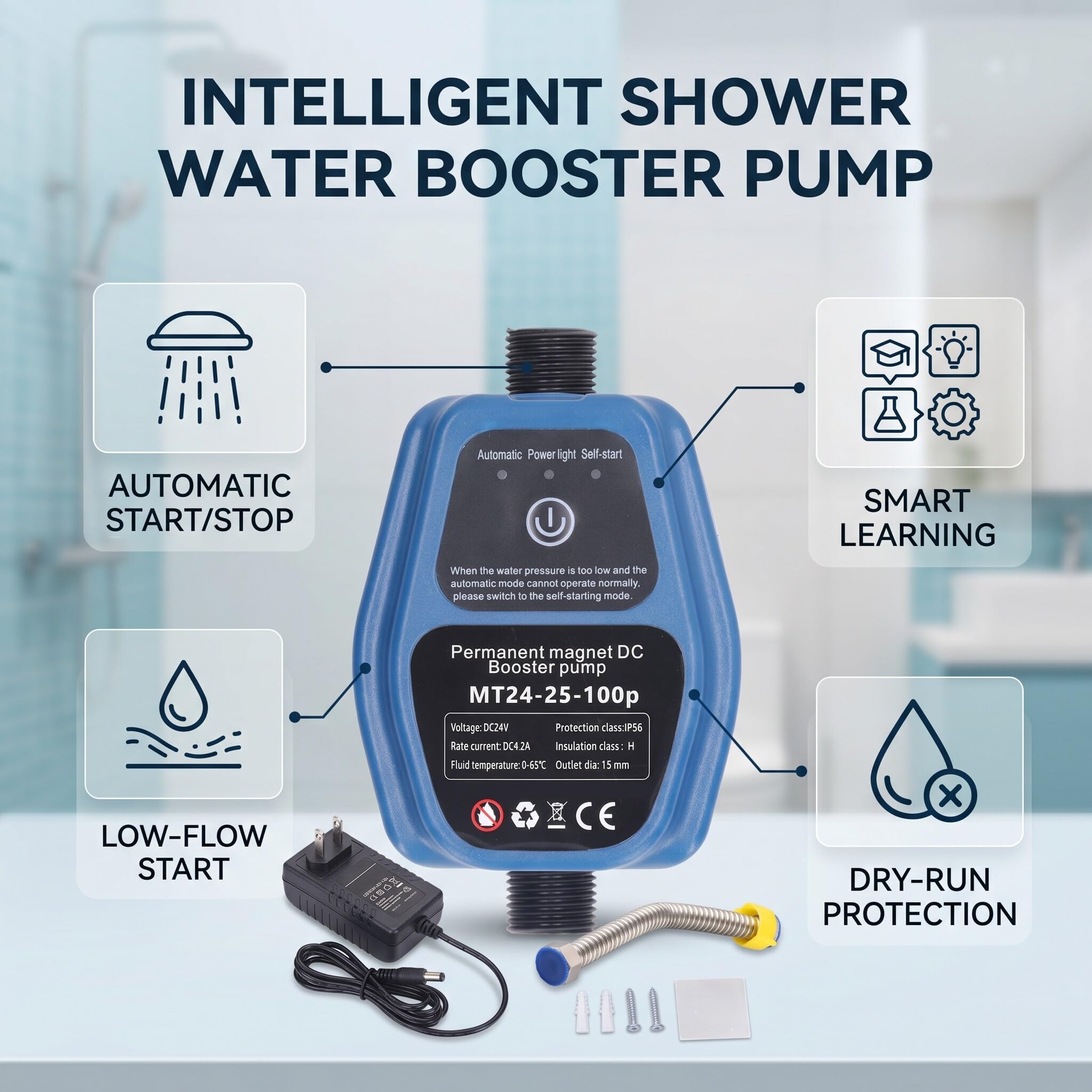 Bomba Elevadora de Presión de Agua 100W 24V 25L IP56 para Ducha Automática con Detección Inteligente y Función de Protección contra Escasez de Agua (Enchufe)