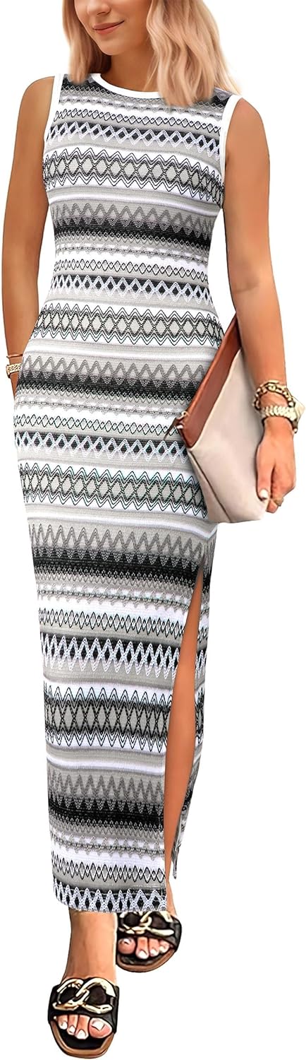 PRETTYGARDEN Womens Maxi Tank Spring Dress Sleeveless Crew Neck Striped Side Slit Casual Long Bodycon Dresses