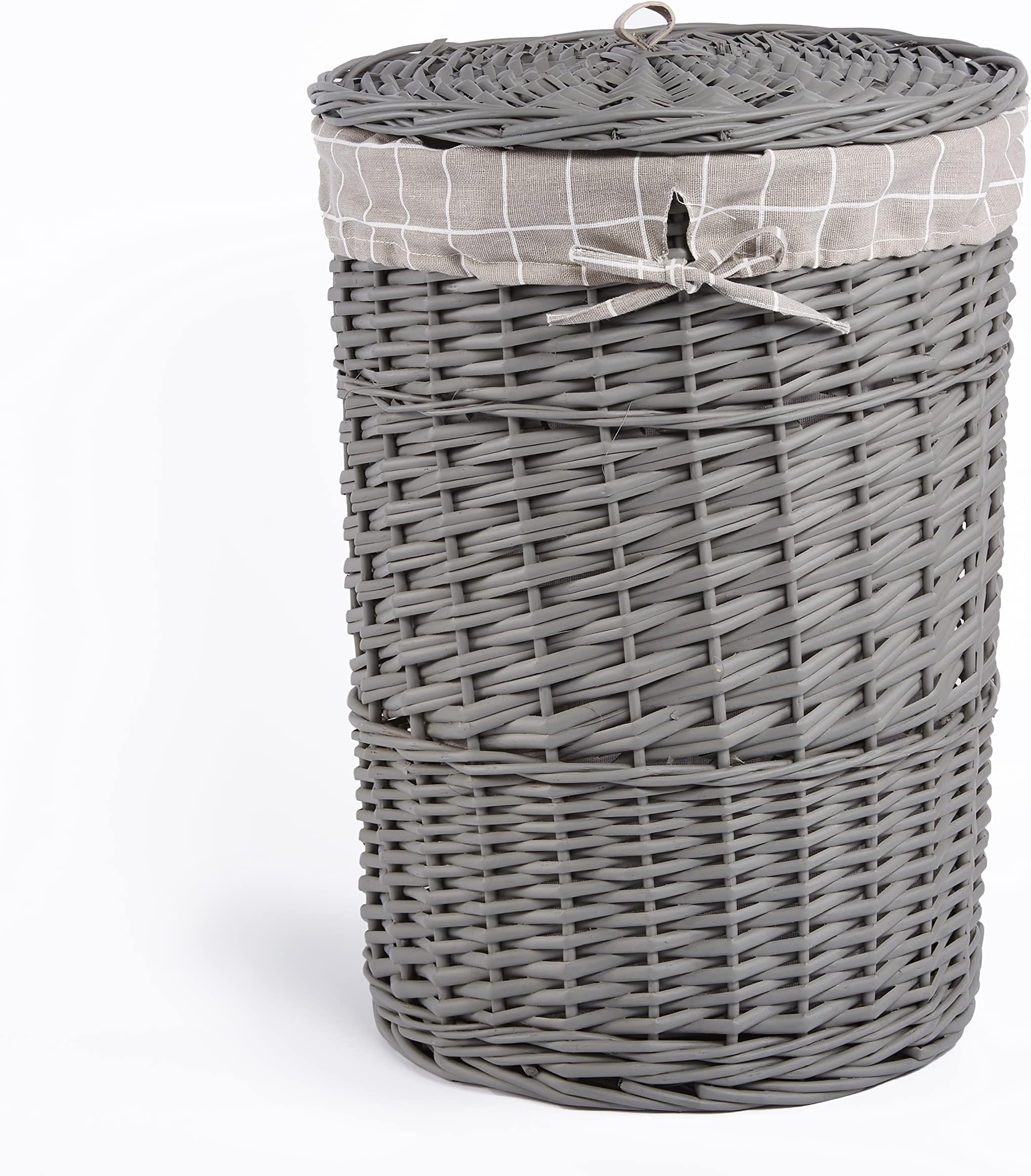 Grey Painted Round Wicker Laundry Basket Cotton Lining With Lid