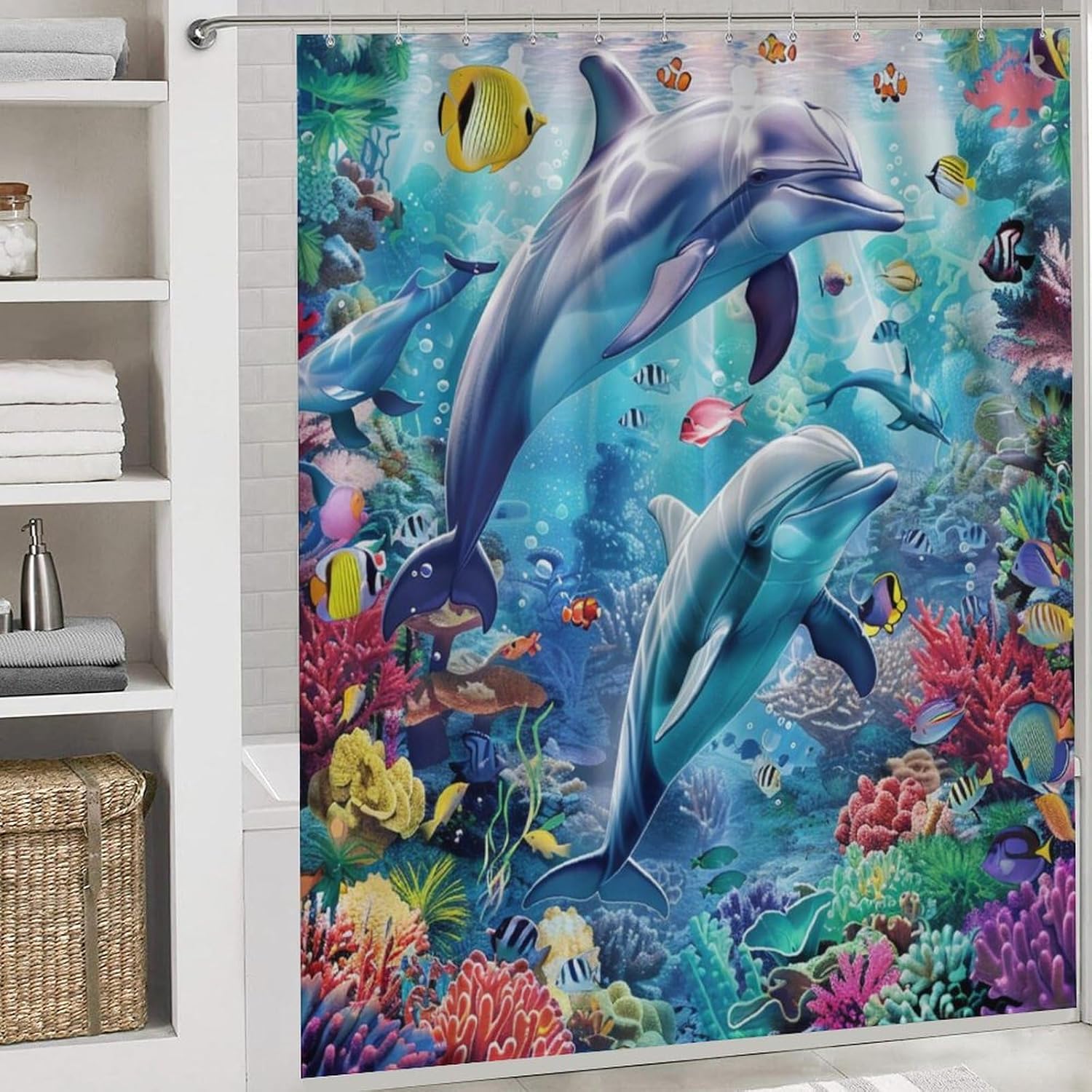 4Pcs Cartoon Dolphin Shower Curtain Set with Toilet Lid Cover Non-Slip Rugs for Bathroom, Cute Ocean Animal Fish Seaweed Coral Shower Curtain Bathroom Sets with Hooks, 72x72 Inch