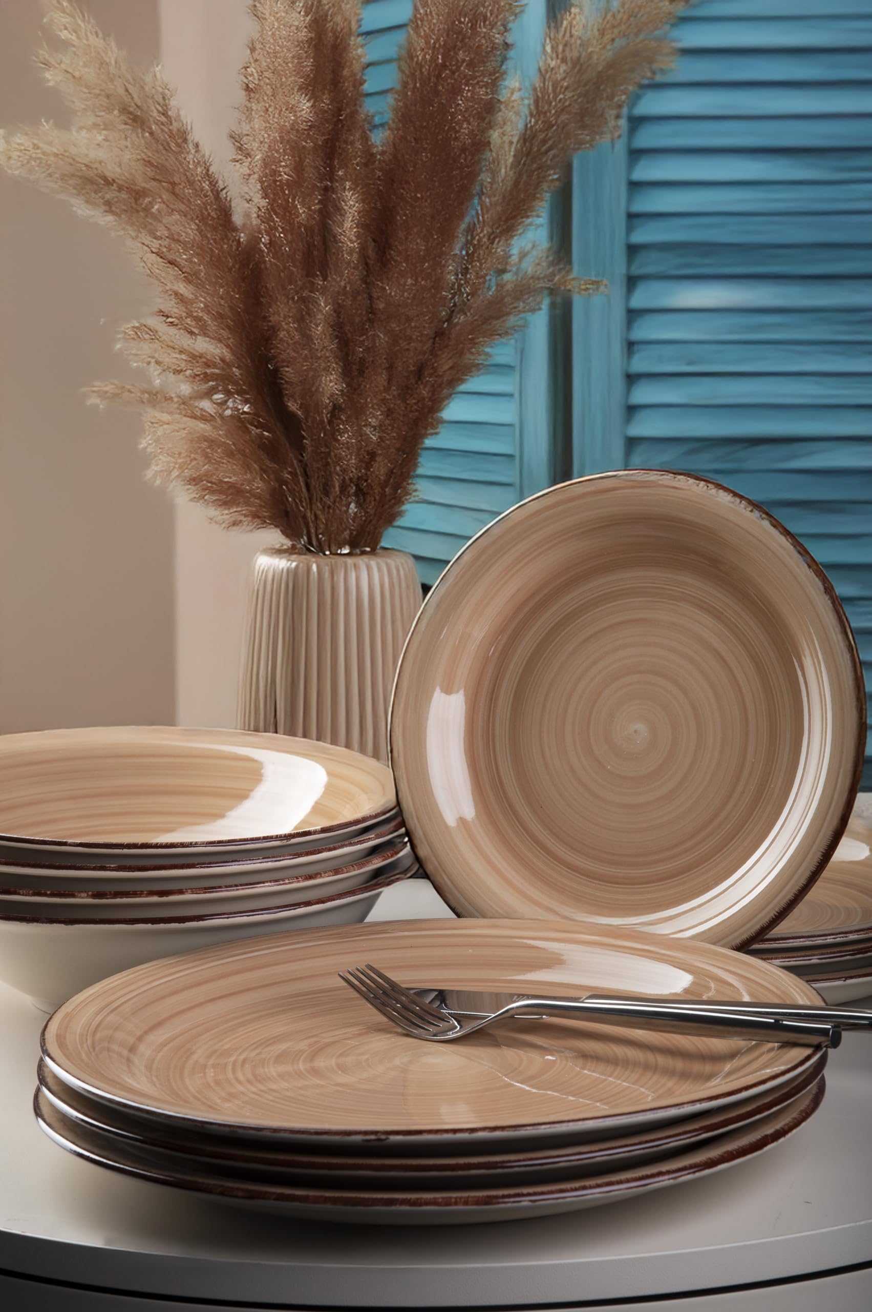 Lot de 6 assiettes creuses Ø 21,2 cm en grès peint à la main, terre cuite, 4 tons