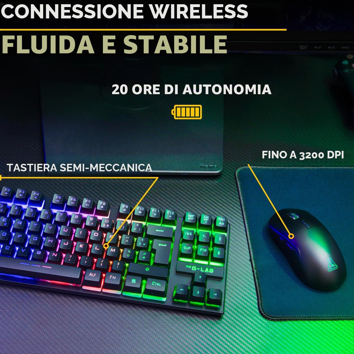 The G-Lab - Combo Oxygen EX - Set di tastiera e mouse wireless Gaming con LED RGB - Tastiera Gaming wireless in formato TKL, Layout spagnolo e mouse da gioco wireless, 3200 dpi - PC/PS4/PS5 - Nuovo