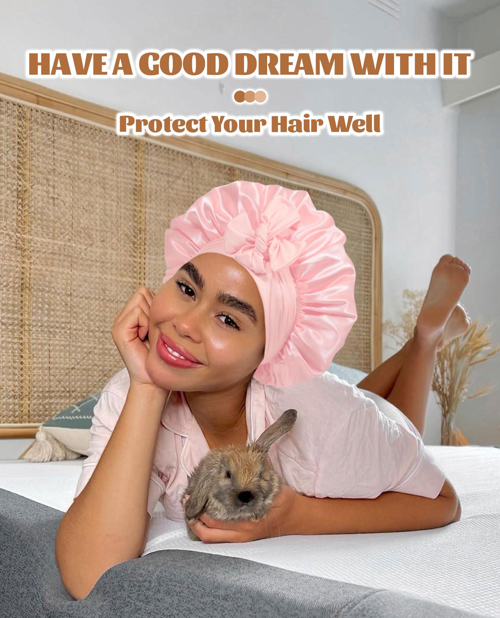 Satin Bonnet Silk Bonnet for Sleeping Silk Sleep Cap Double Layer Hair Bonnet with Elastic Tie Band for Curly Hair Night Cap: Apricot Powder+Champagne