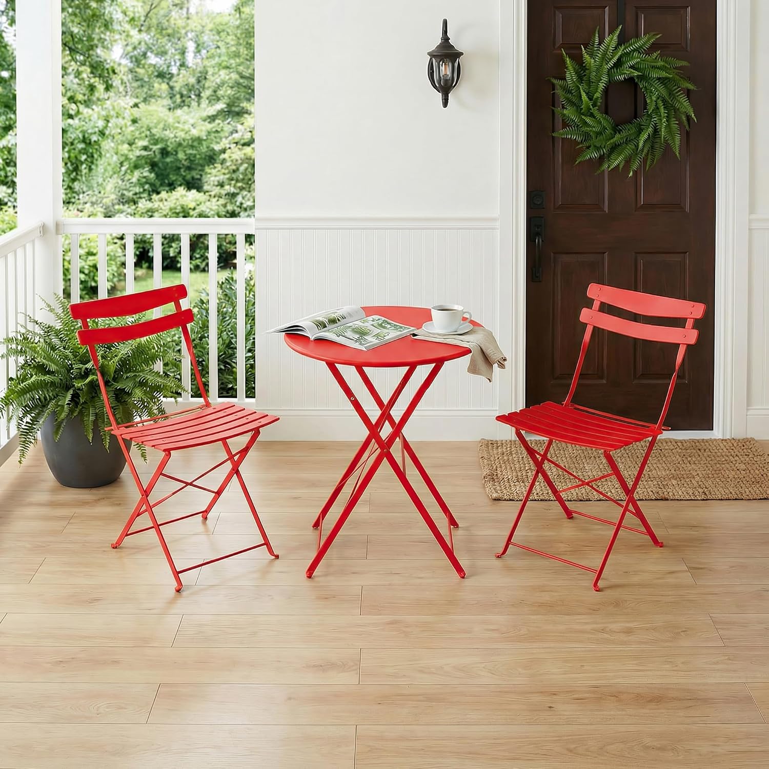 GarveeLife 3 Piece Patio Bistro Set, Folding Patio Bistro Table and Chairs Set of 2, Outdoor Patio Furniture Set, Metal Structure, No Assembly Need, for Balcony Yard Garden, Red