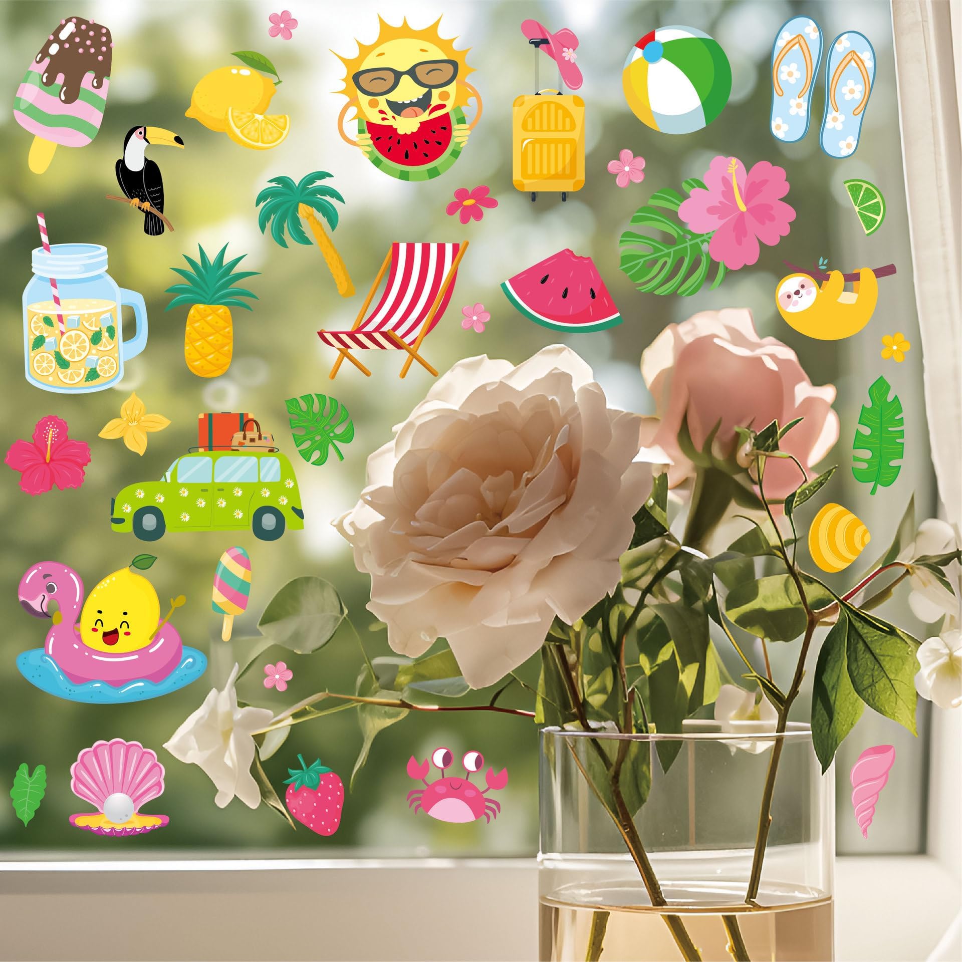 4 Feuilles Autocollants De Fenêtre D'Été, 63 Design Decoration Stickers Fenêtre Réutilisables, Deco Vitre Été Contient Soleil, Chaises De Plage, Bouées