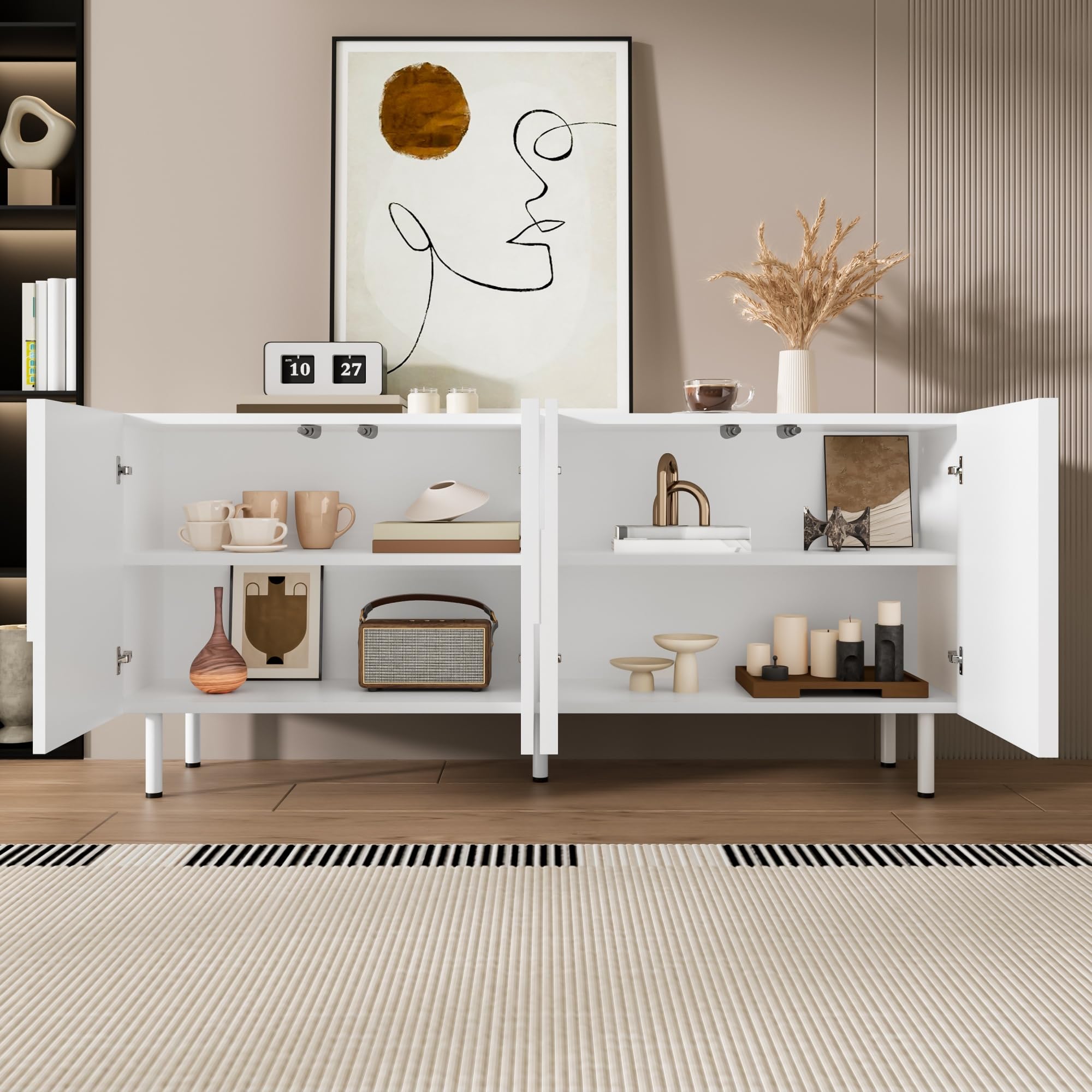 vutizal Weißes Sideboard mit Geometrie Design und Kurven, Esszimmermöbel Groß Stauraum, Schrank mit Geräuschlosen Scharnieren – Modernes Highboard für Wohnzimmer, 160cm