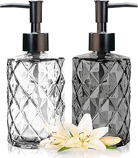 11Oz Clear Glass Soap Dispenser,2Pcs Refillable Lotion Soap Dispenser with Press Pump,Diamond Design Hand Soap Dispenser for Lotion,Liquid Soap Dispenser for Hotel & Bathroom