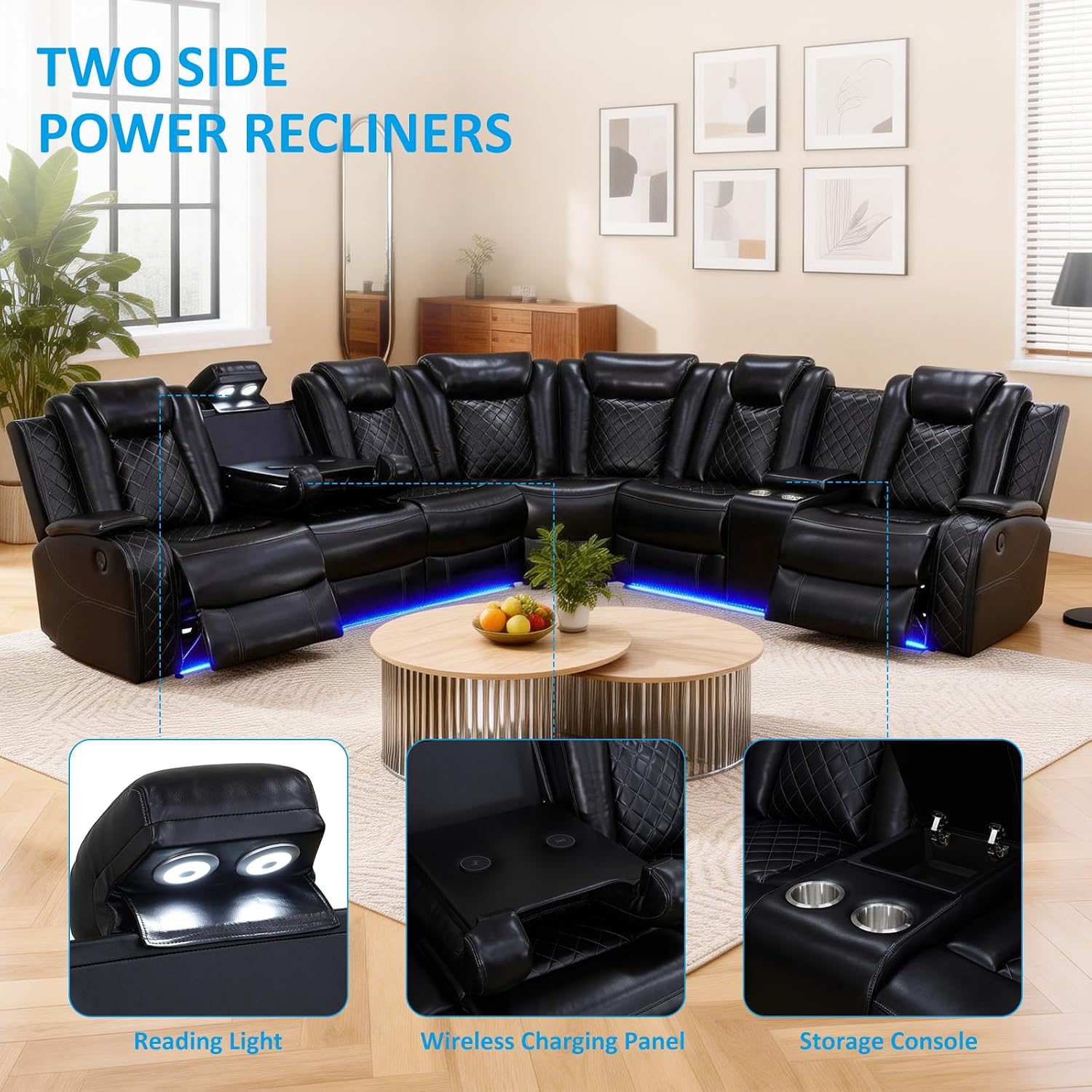 Power Reclining Sectional Sofa with LED Lights, Black Leather Home Theater Seating with Cup Holders & Storage Console, L-Shaped Recliner Couch Set for Living Room & Movie Nights