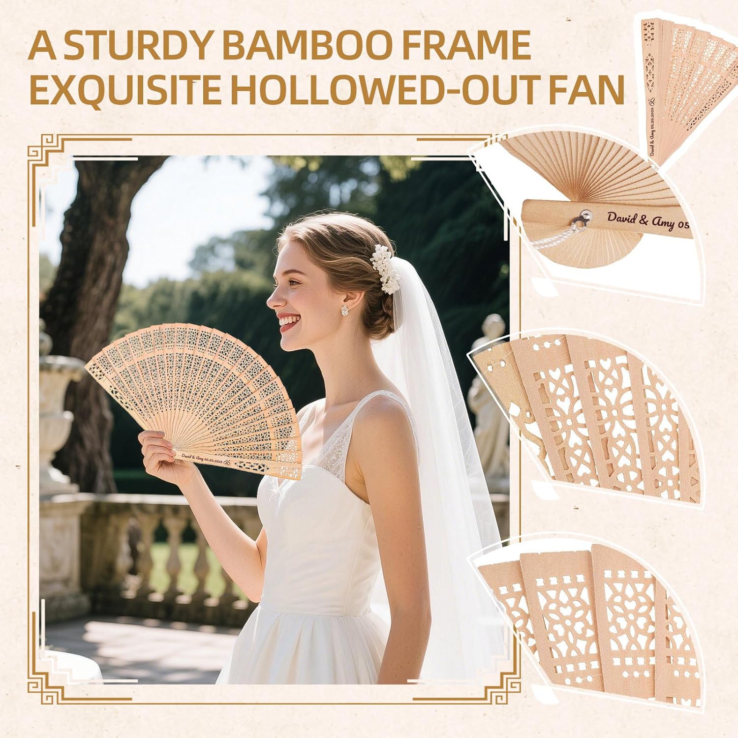 100pcs Personalized Wedding Fans for Guests - Custom Wooden Hand Fans with Names/Dates - Bulk Wedding Favors for Bridal Shower, Baby Shower & Parties (Wood, 100pcs)