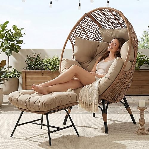 Miniatura 4 de NICESOUL Silla de huevo para interiores y exteriores, silla de descanso grande con otomana, asiento acolchado cómodo de gran tamaño para jaula de