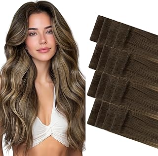 GOO GOO Invisi Edge Tape in Hair Extensions Human Hair, 4/27/4 Balayage Chocolate Brown to Caramel Blonde 20pcs 18inch 50g, Virgin Remy Hair, Seamless Injected Tape, Natural Look
