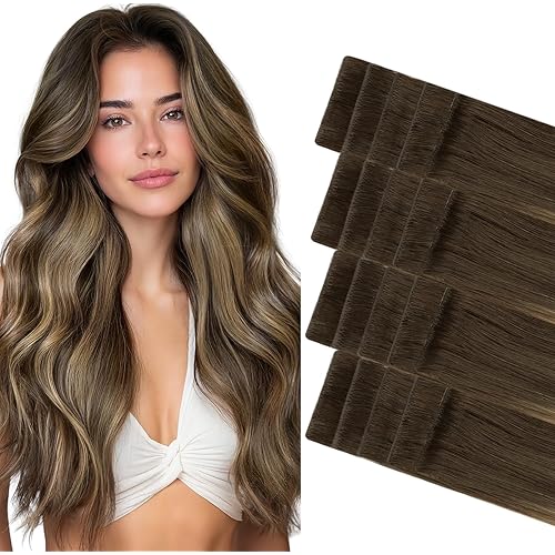 GOO GOO Invisi Edge Tape in Hair Extensions Human Hair, 4/27/4 Balayage Chocolate Brown to Caramel Blonde 20pcs 18inch 50g, Virgin Remy Hair, Seamless Injected Tape, Natural Look