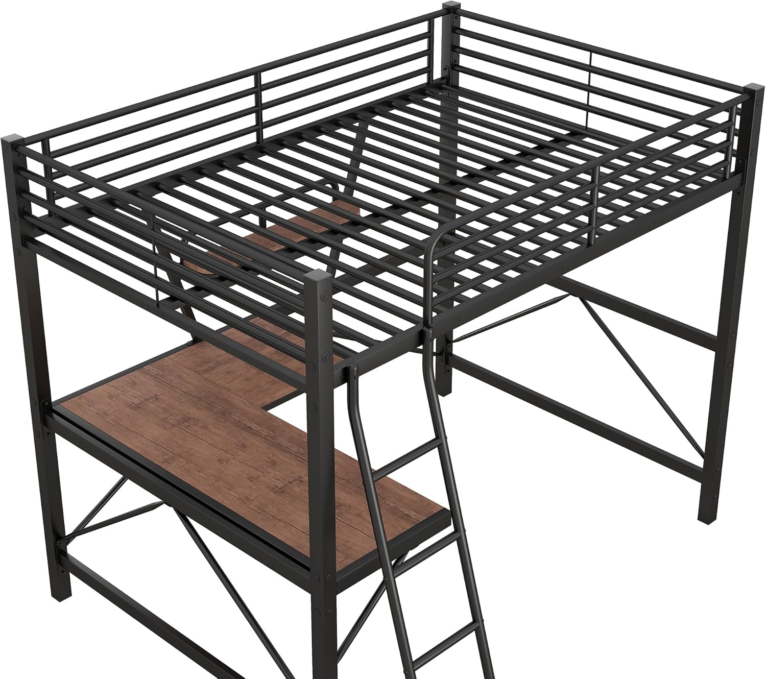 Loft Bed Full Size with Desk and Shelf, Metal Bedframe with Removable Ladder and Safety Guardrail, Full Bed Frame for Kids, Teens Adults, Spcace-Saving Noise-Free and Anti-tilt Design, Black