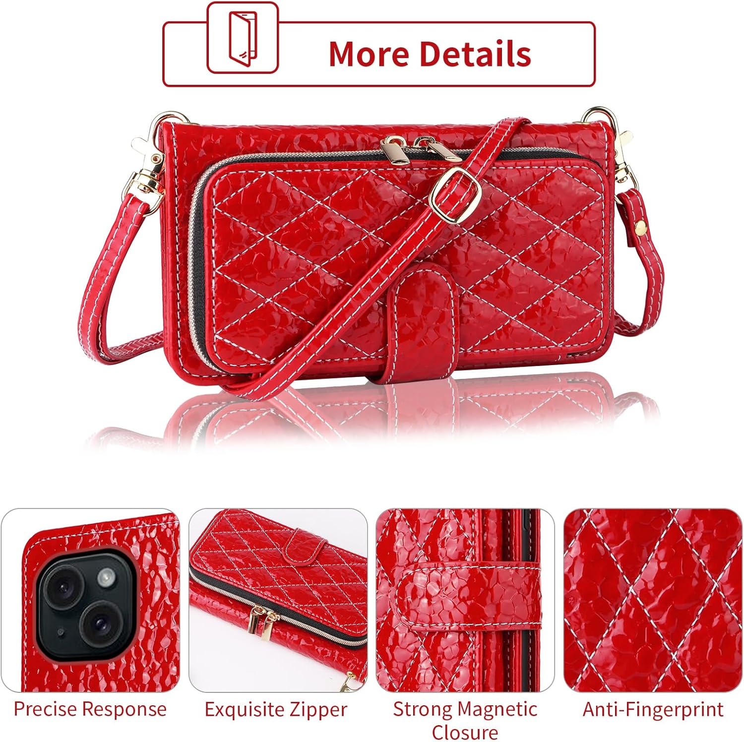 Argyle Wallet Case for iPhone 13 6.1 inch with Crossbody/Wrist Strap Lanyard Luxury PU Leather Stand Zipper Purse Shockproof Cell Phone Cover for iPhone13 5G i i-Phone i13 iPhone13case Red